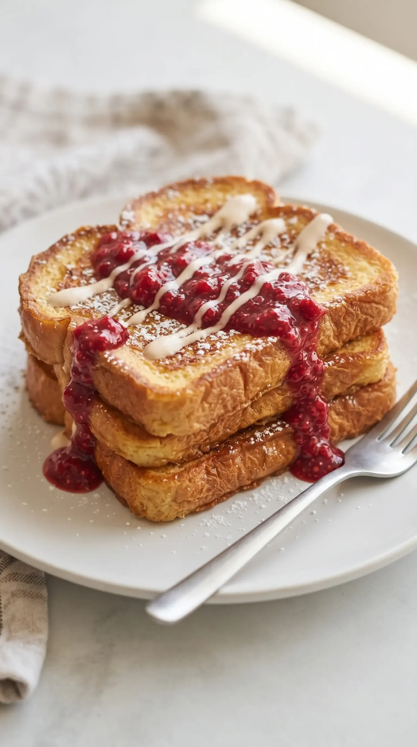 Eggnog French toast topped with raspberry sauce, whipped cream, and powdered sugar