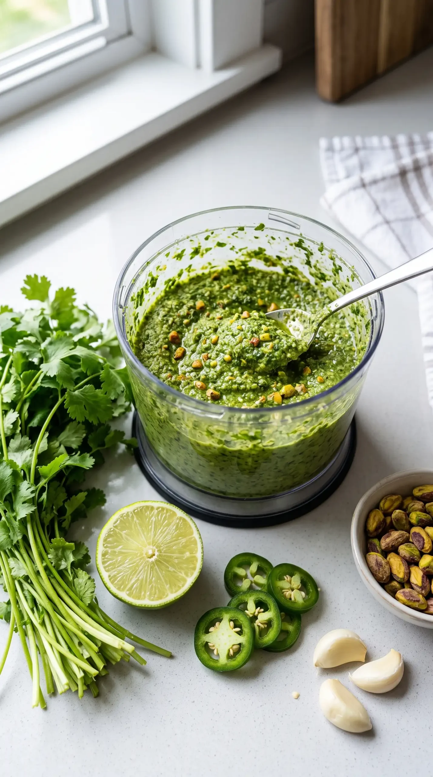 Fresh cilantro pesto with herbs, jalapeno, lime, garlic, and pistachios in a food processor