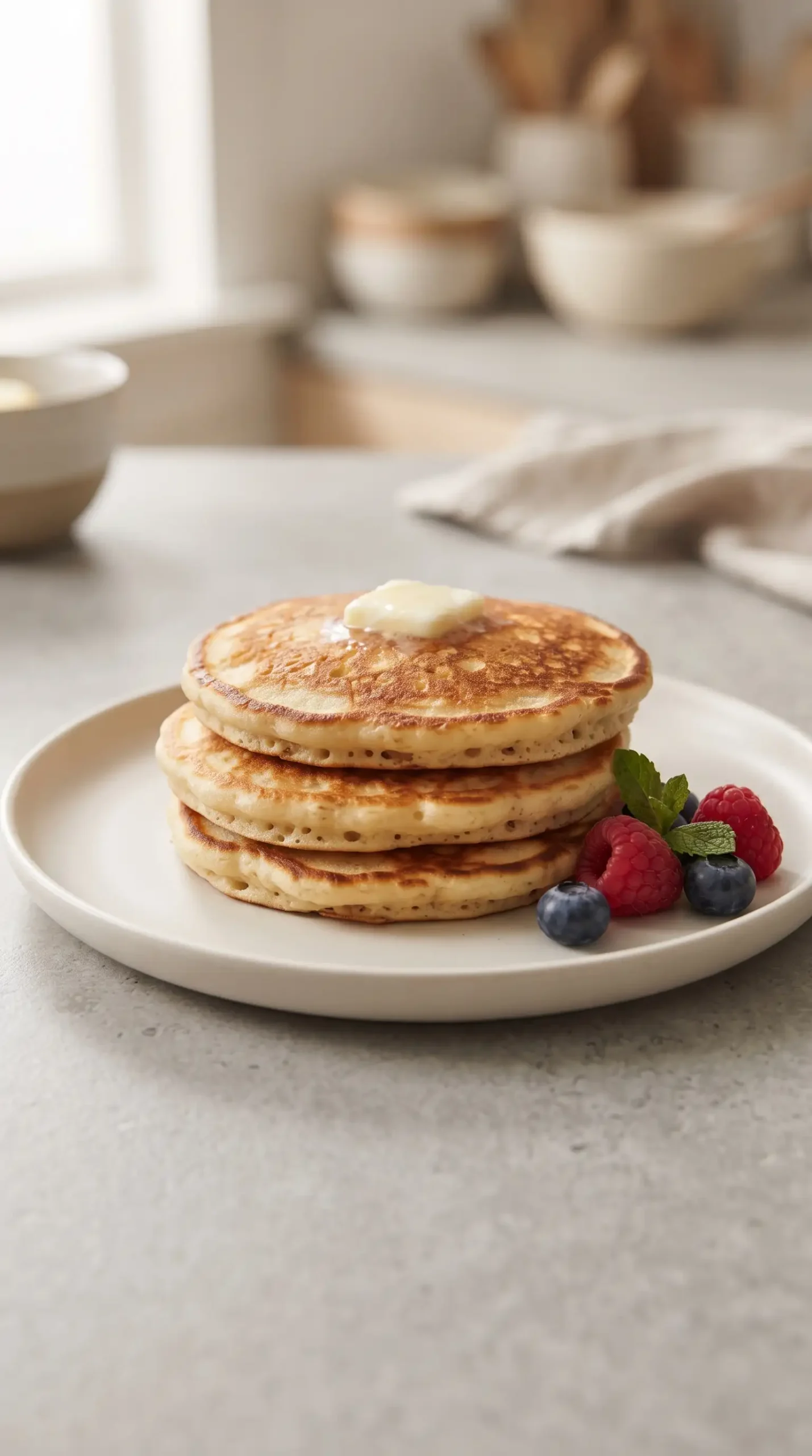 Freshly cooked buttermilk pancakes served warm on a ceramic plate