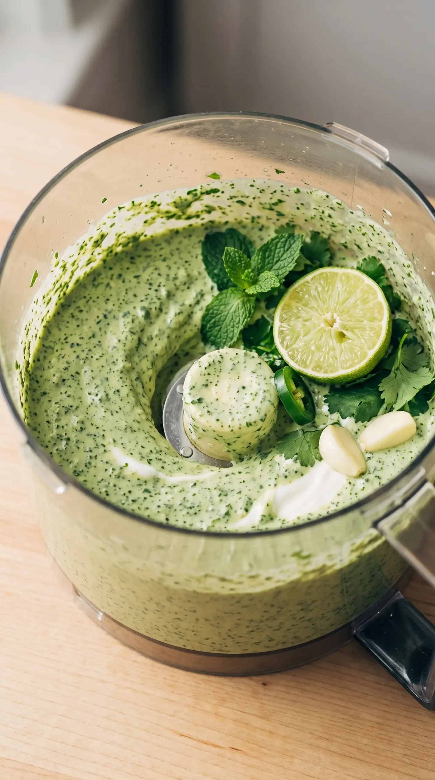 Fresh mint cilantro sauce being blended with herbs, lime, garlic, and jalapeño