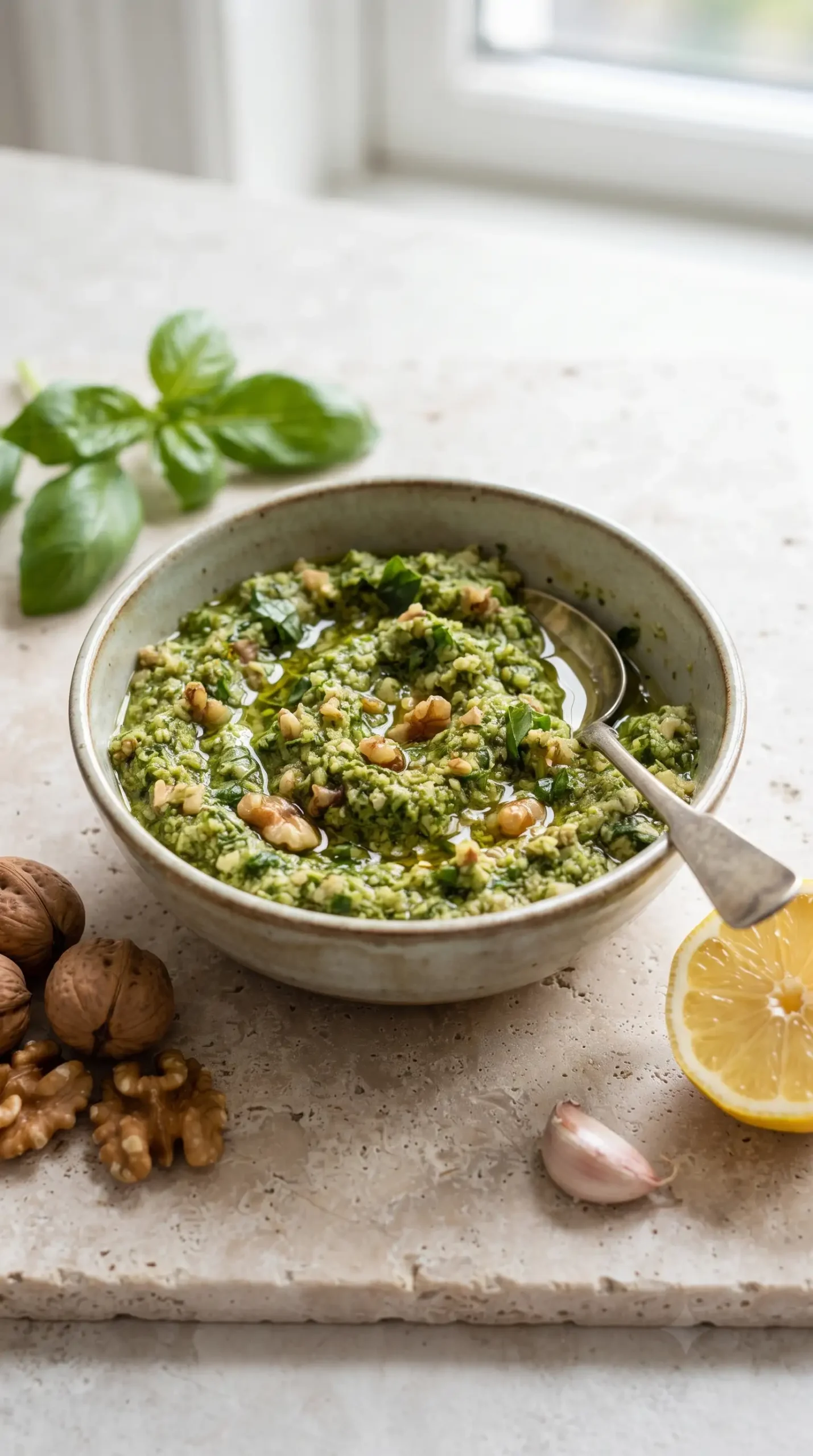 Fresh walnut pesto with basil, walnuts, lemon, olive oil, and garlic