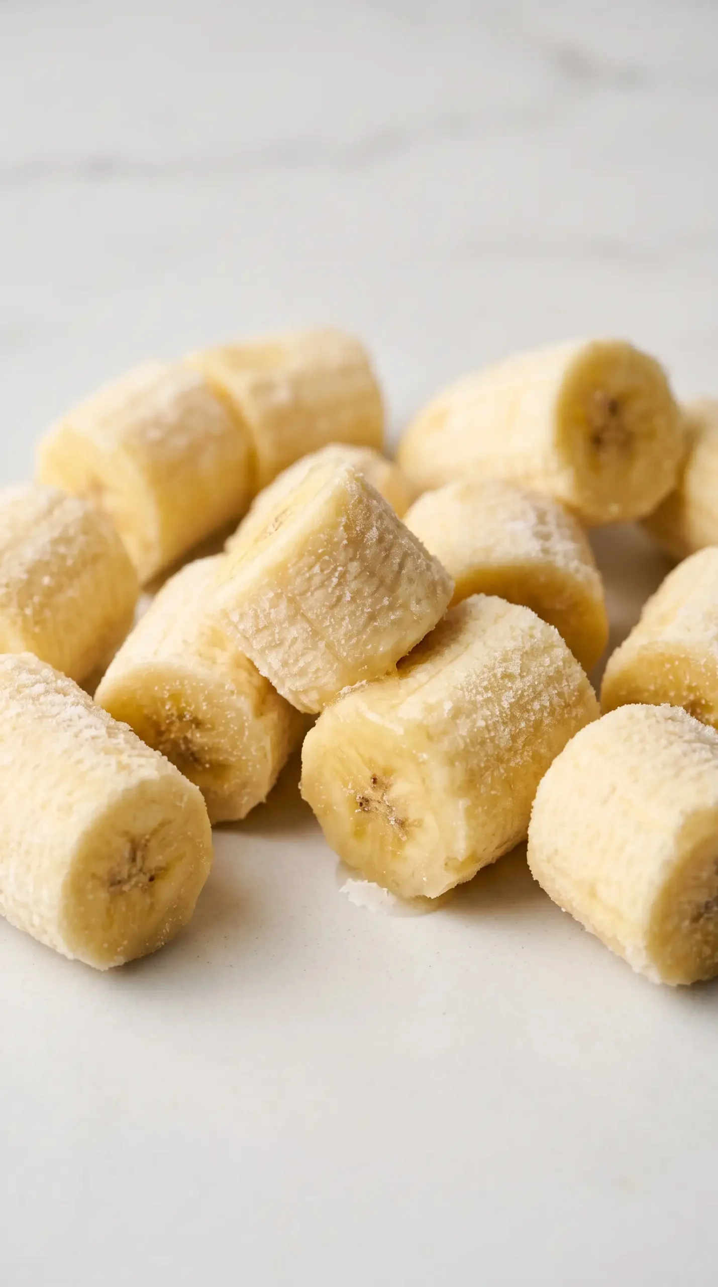 Frozen banana chunks prepared as the base for chocolate banana ice cream