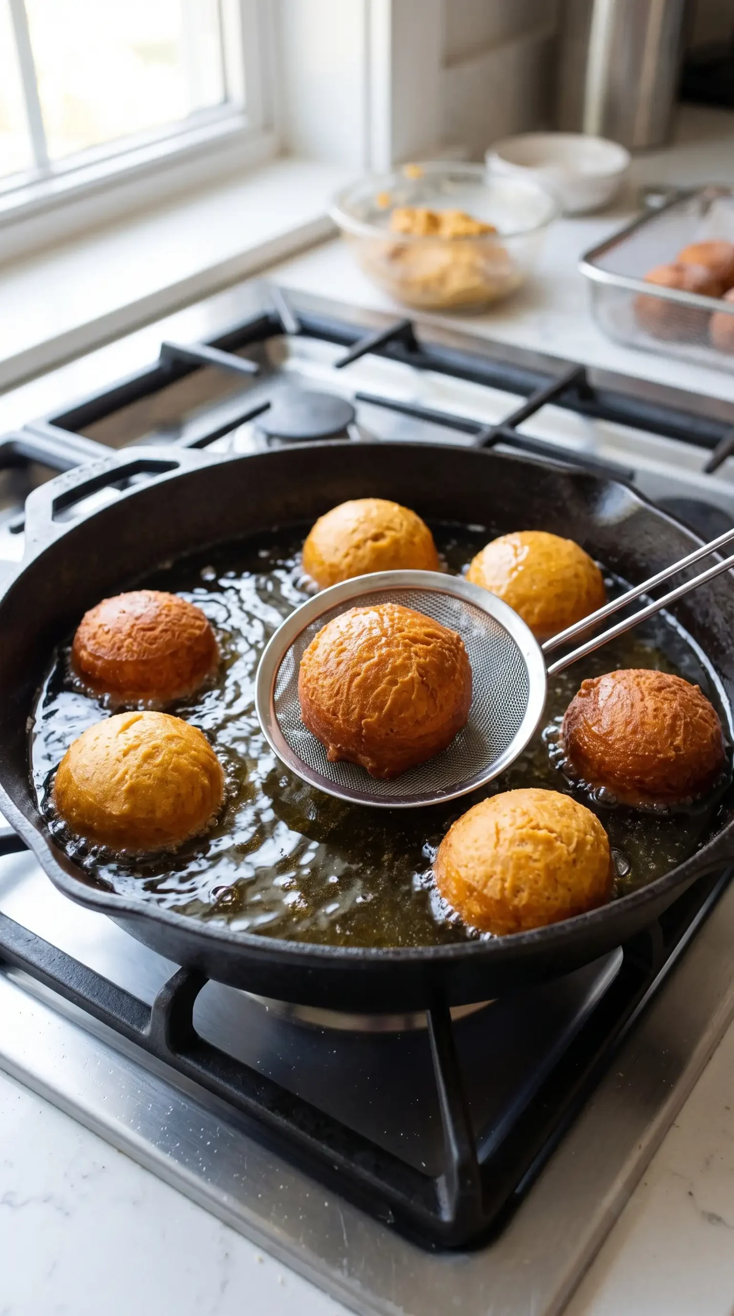Pumpkin donut balls frying in hot oil until golden brown