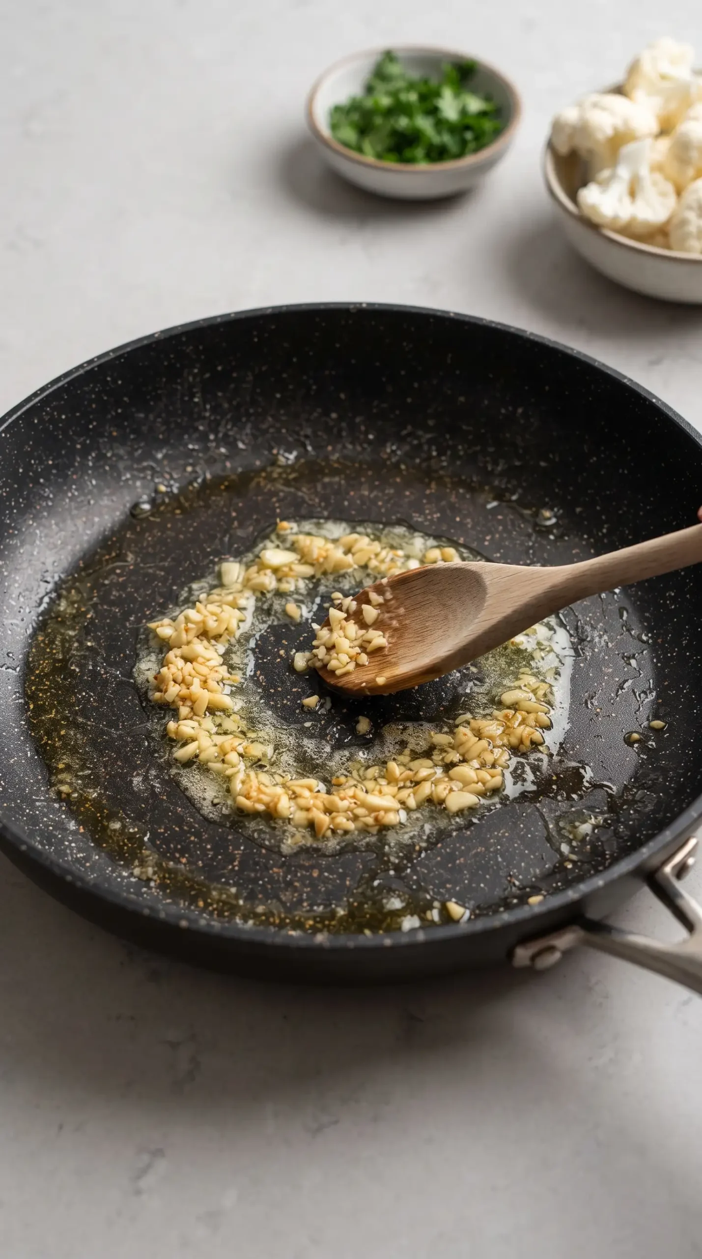 Minced garlic cooking in melted butter in a skillet for cauliflower garlic rice