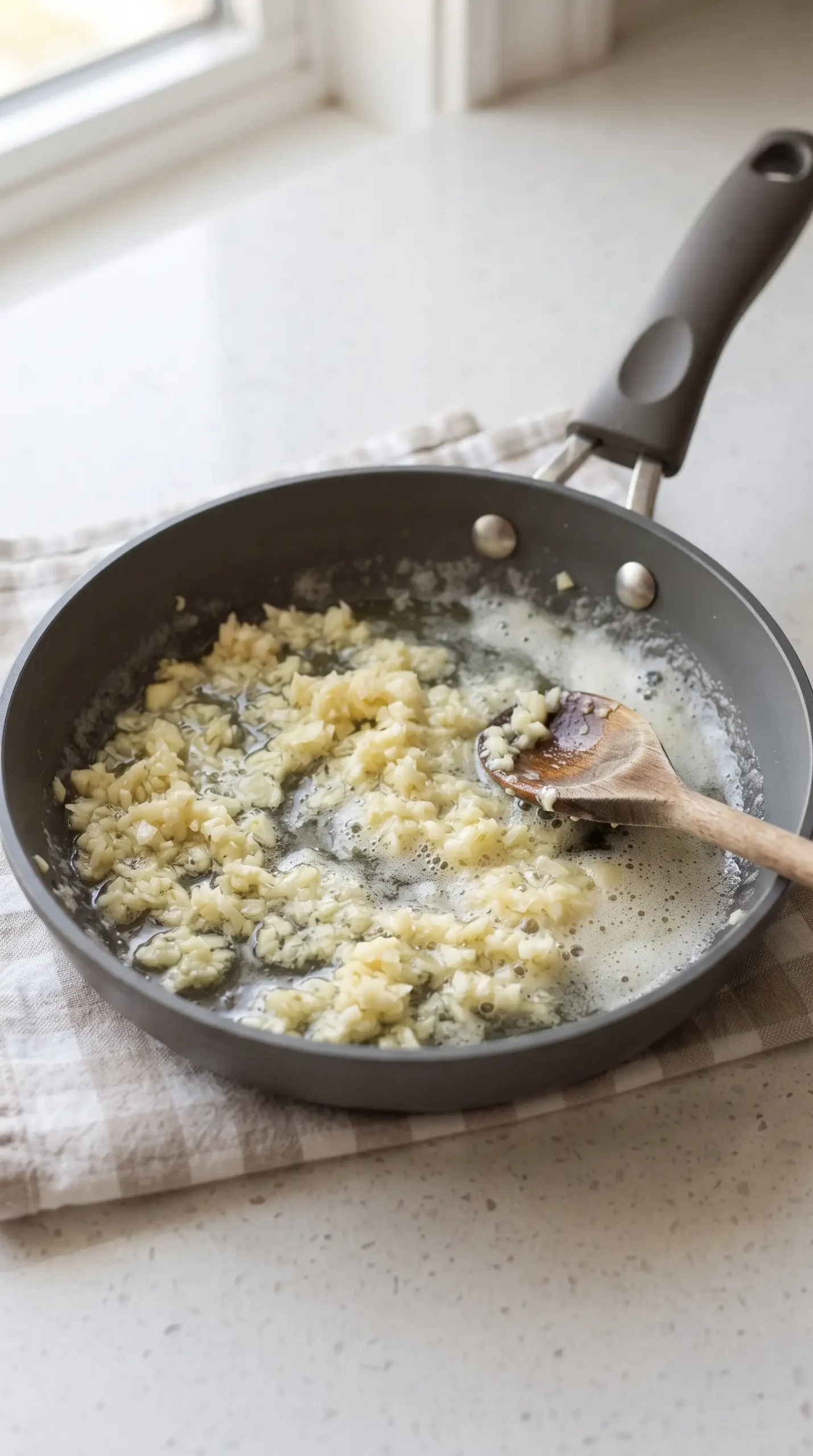 Minced garlic gently sautéing in melted butter to flavor the cauliflower sauce