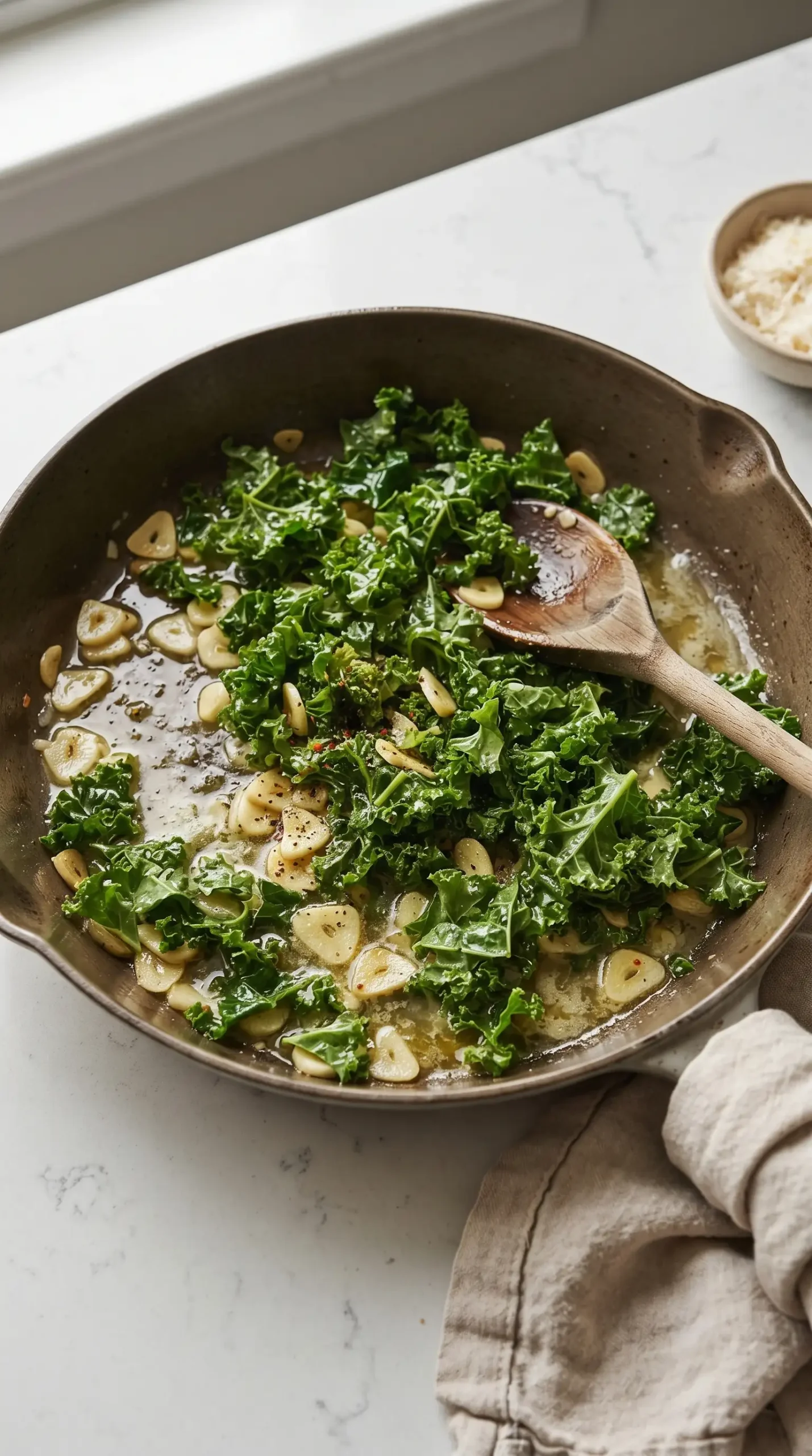 Curly kale and garlic sautéing in a skillet for creamy kale pasta