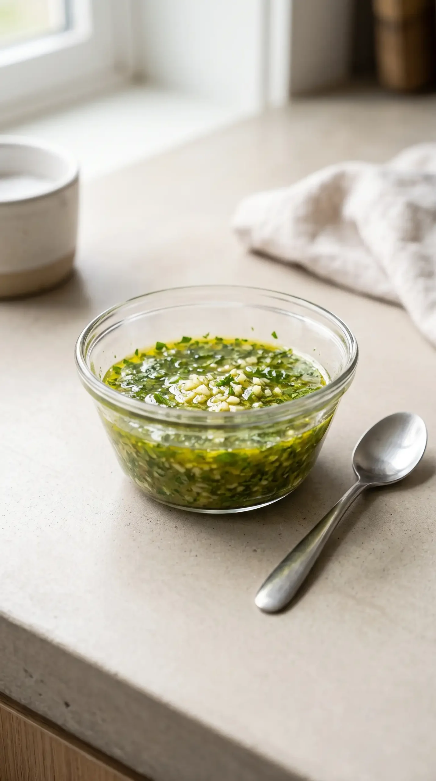Garlic lime dressing with herbs, lime juice, garlic, and serrano pepper in a glass bowl