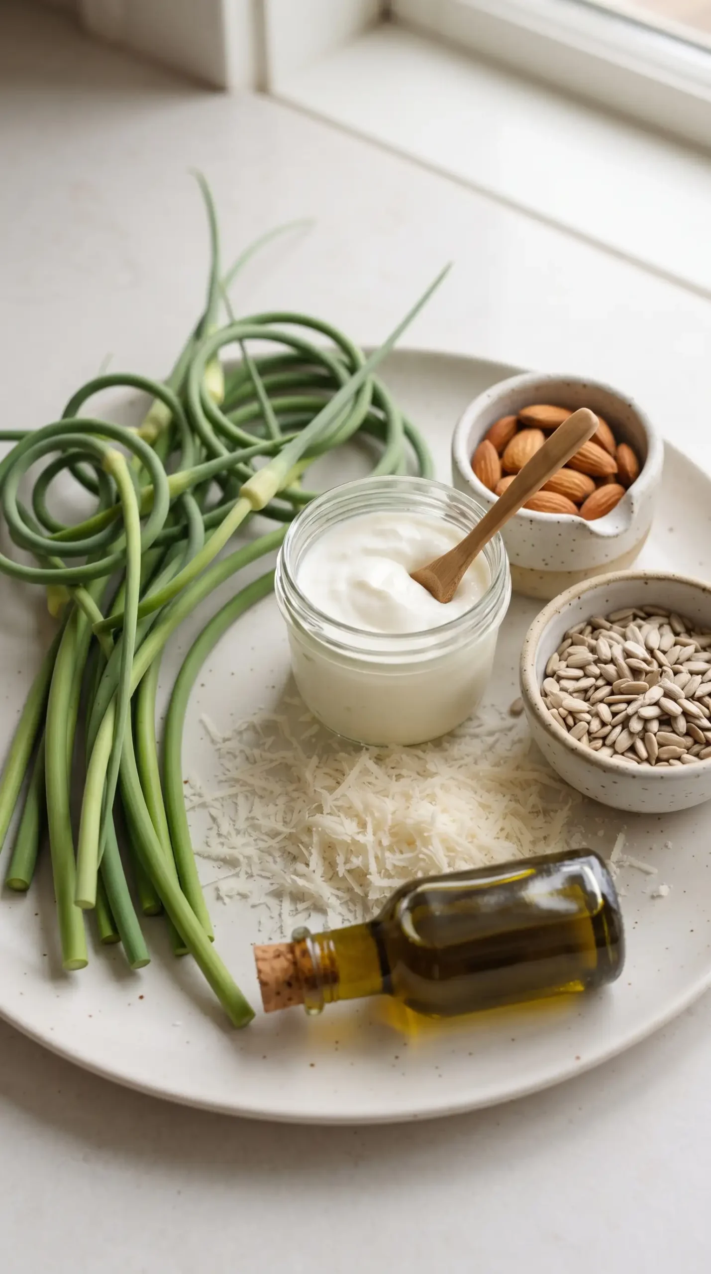 Fresh garlic scapes with almonds, sunflower seeds, Parmesan, yogurt, and olive oil