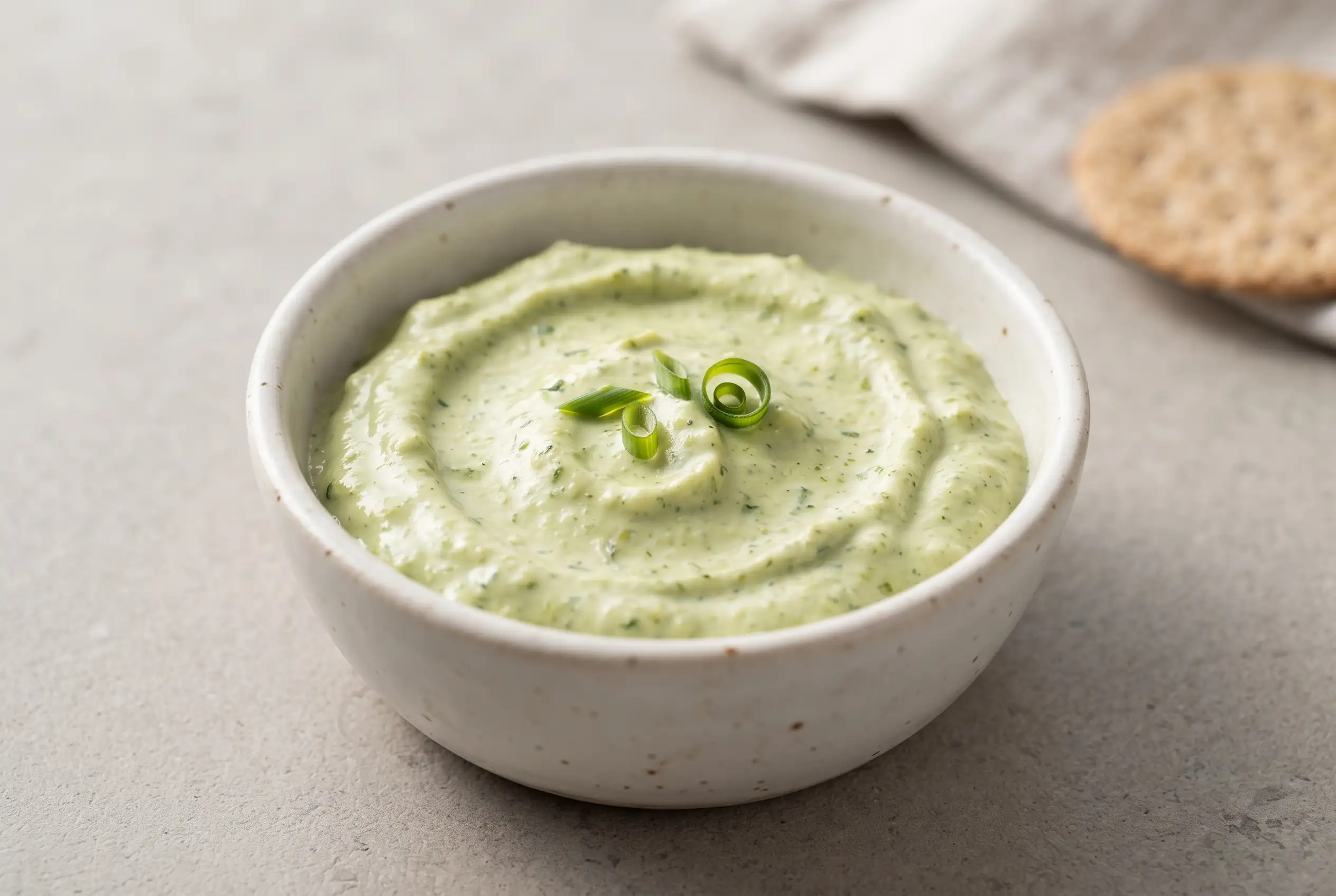 Creamy garlic scape dip with Greek yogurt, seeds, and Parmesan in a ceramic bowl