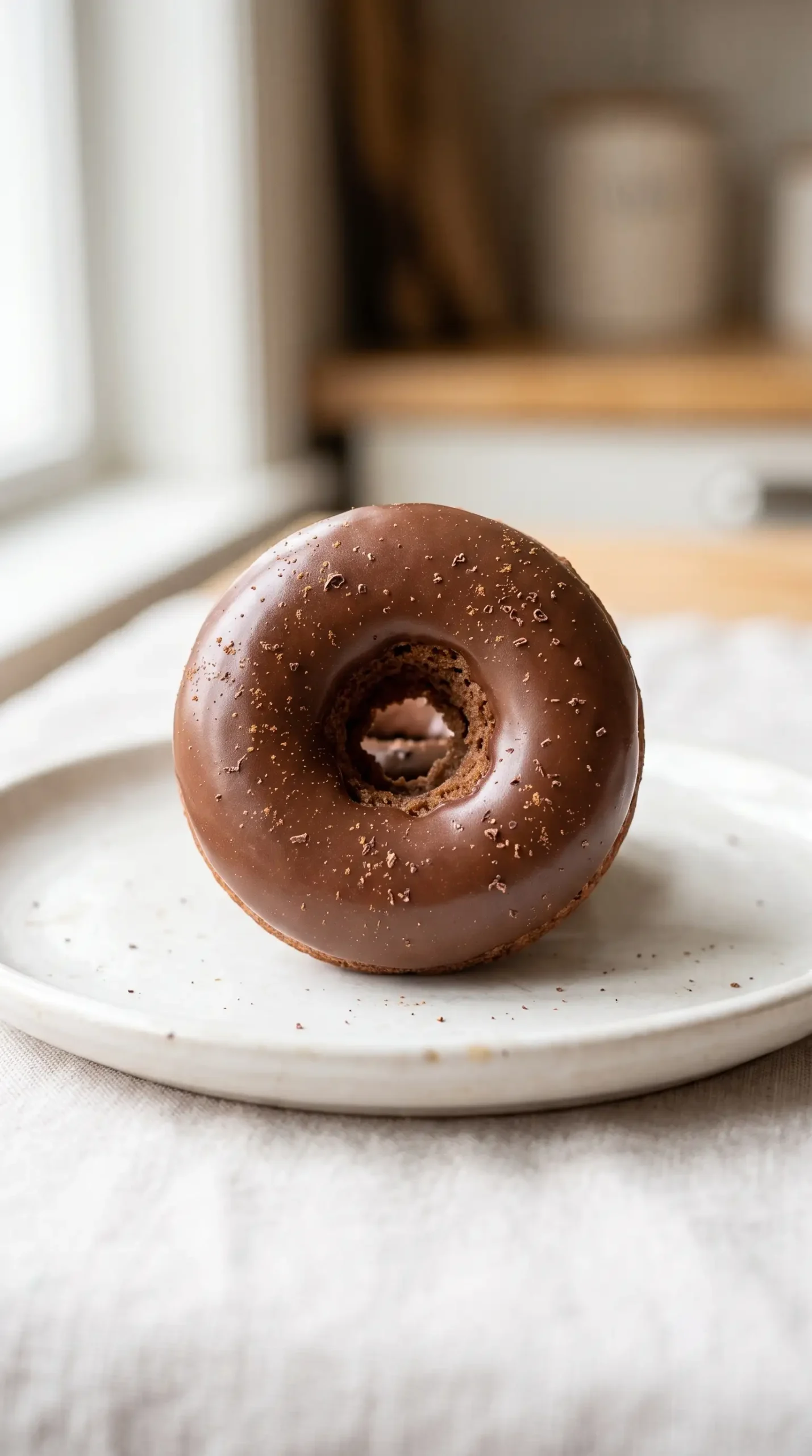Single chocolate mini donut with smooth glaze and soft baked texture