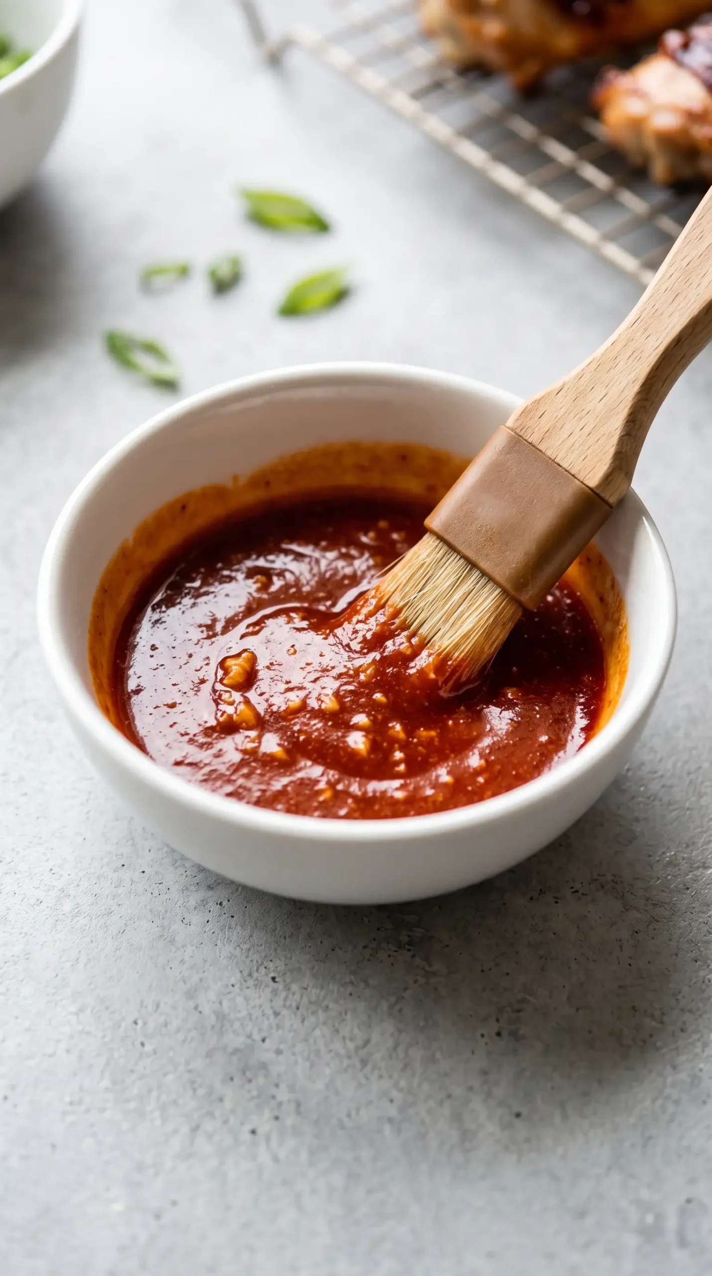 Bowl of buttery gochujang sauce with garlic prepared for crispy chicken