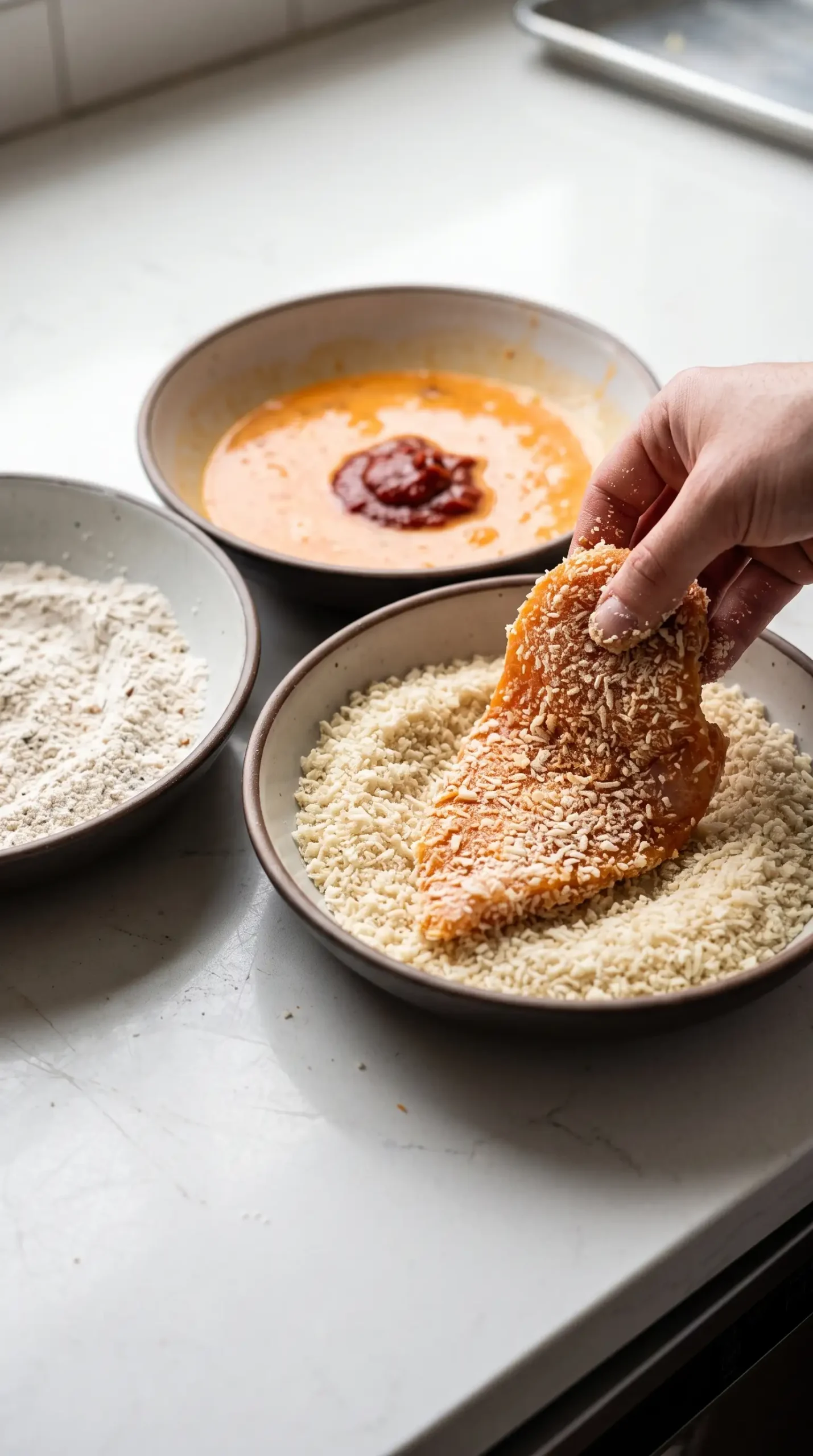 Chicken breast being coated with flour, gochujang egg mixture, and panko crumbs