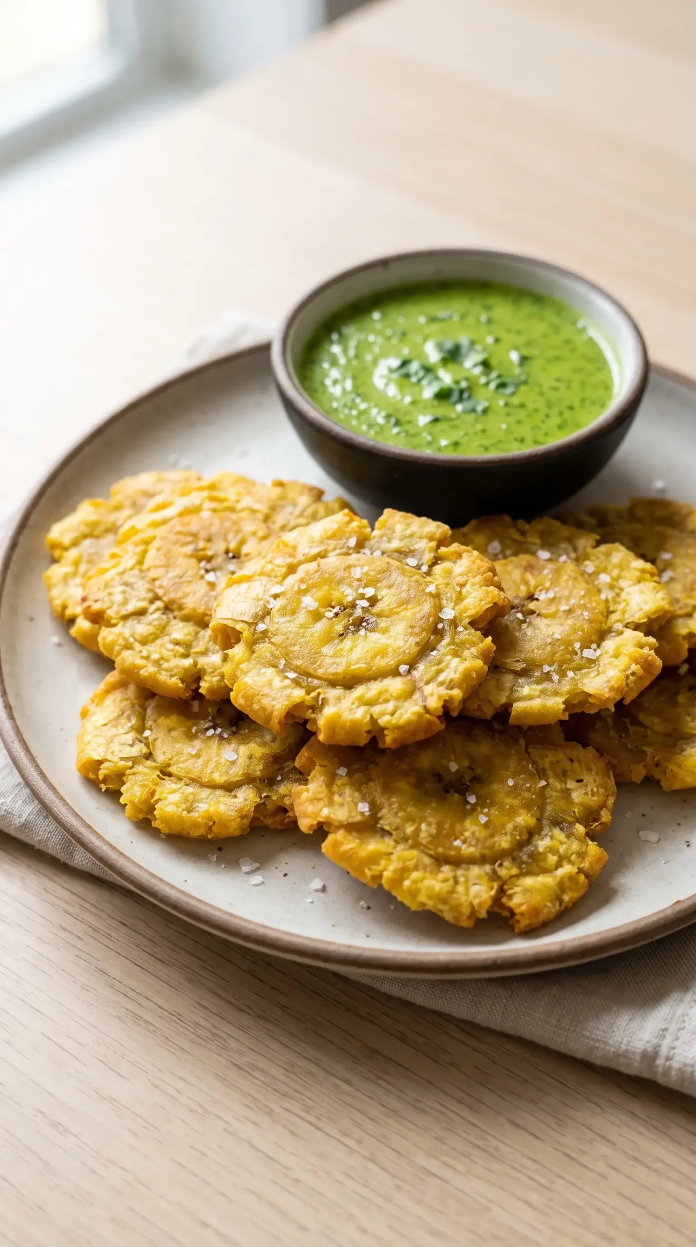 Golden crispy salted tostones with rough edges served with green dipping sauce