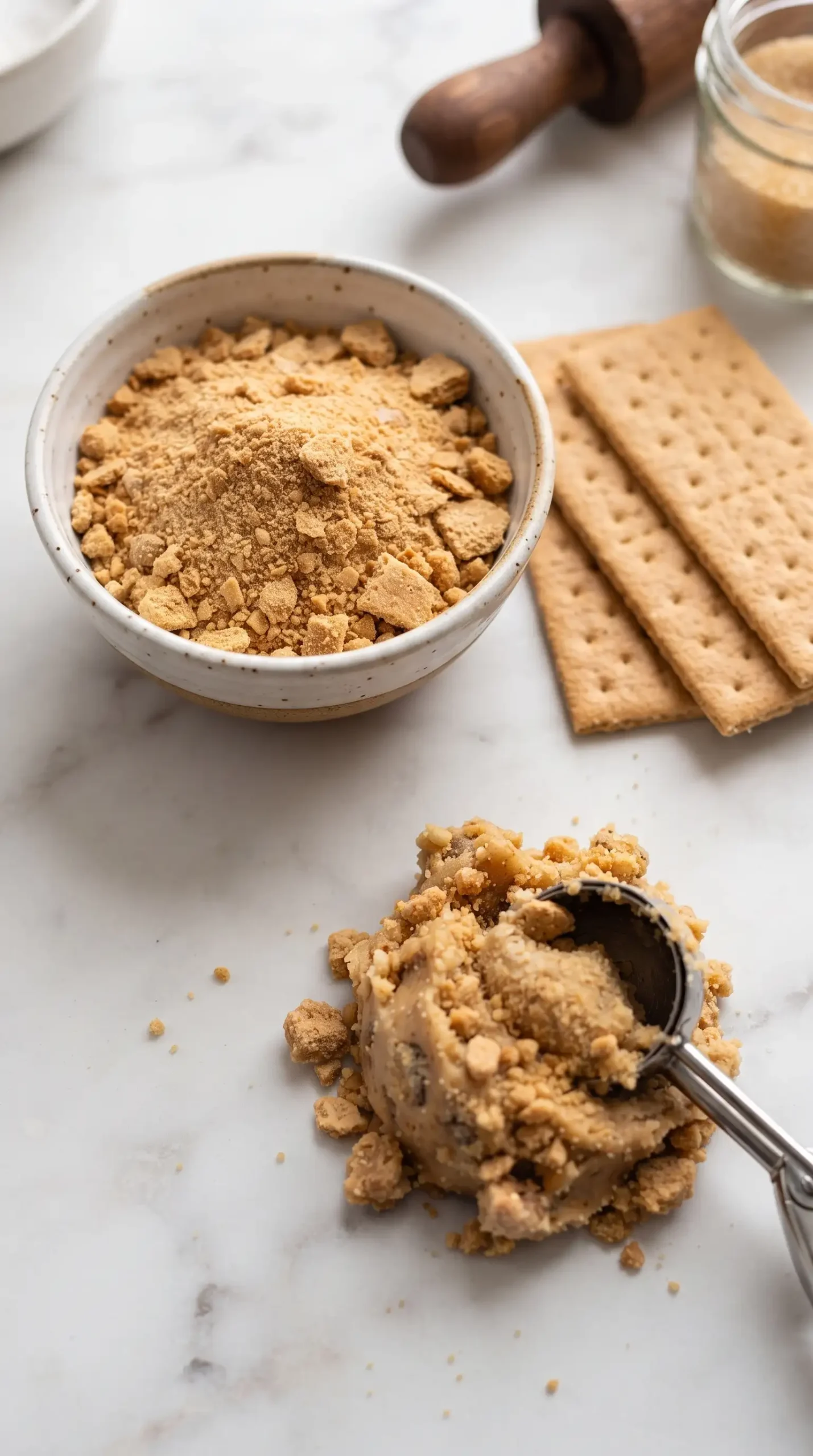 Professional ingredient-focused food photography of the graham crumb component for deep dish s'mores bowls: a small bowl of coarse hand-crushed graham cracker crumbs beside whole graham cracker sheets and a portion of prepared cookie dough mixture containing visible crumbs. Show the varied crumb sizes clearly, with a clean light-colored kitchen surface and minimal props. The image should focus on the ingredient texture and preparation stage, not a finished dessert.