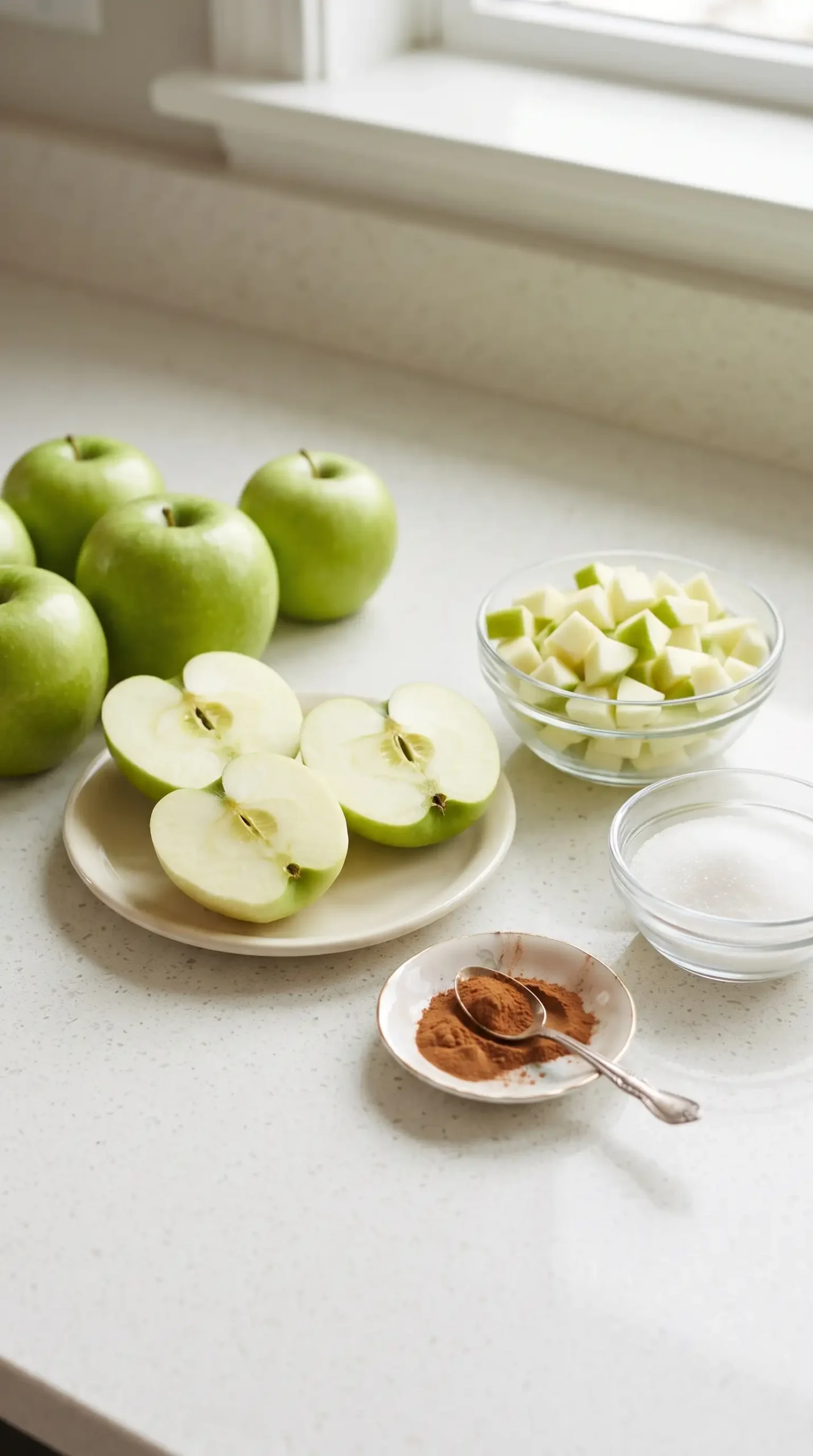 Granny Smith apples with sugar and cinnamon prepared for homemade applesauce