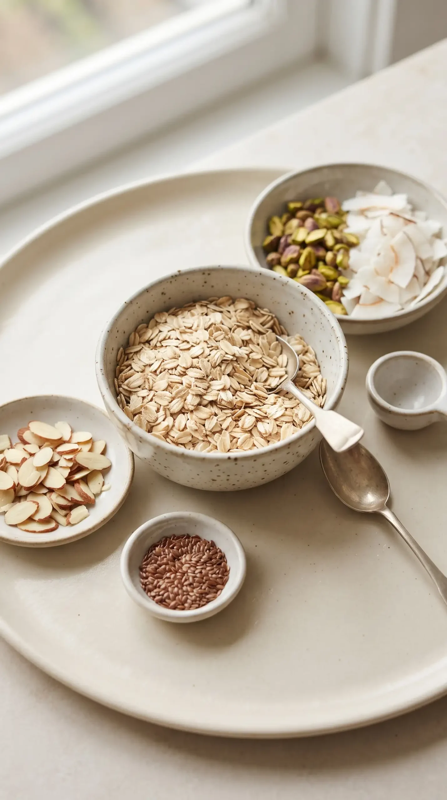 Rolled oats, almonds, pistachios, coconut flakes, and flax seeds for granola