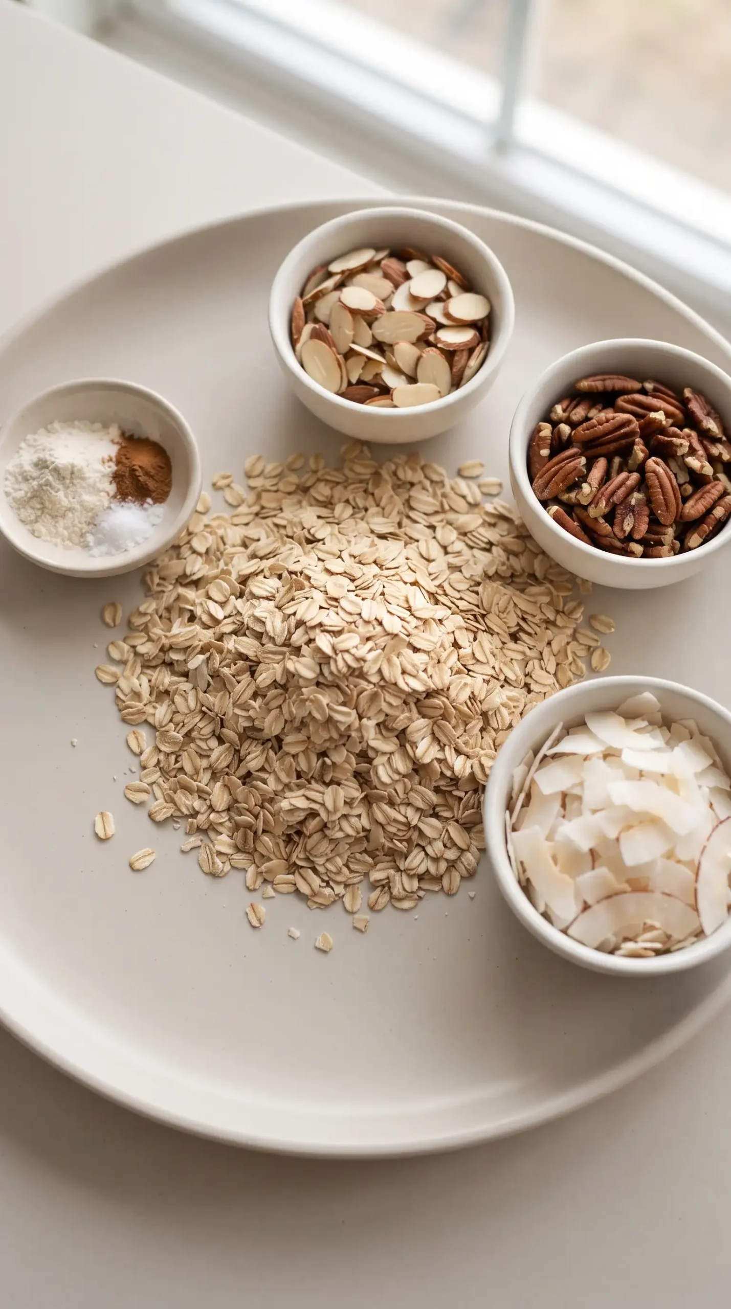 Rolled oats, pecans, almonds, coconut flakes, and spices prepared for granola