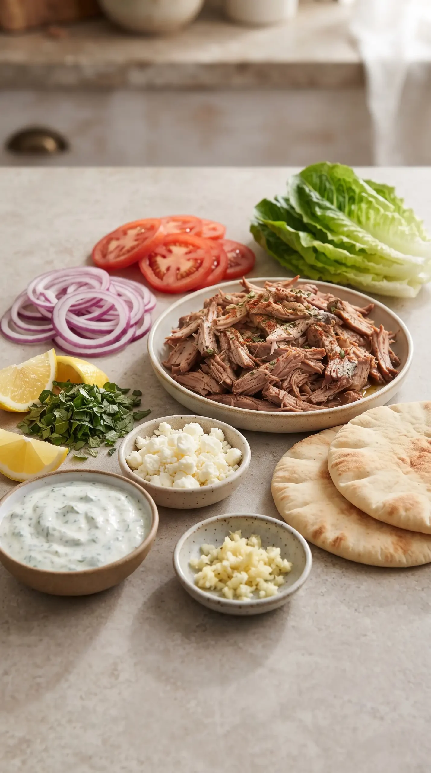 Mediterranean ingredients for pork pitas with tzatziki, feta, herbs, and fresh toppings