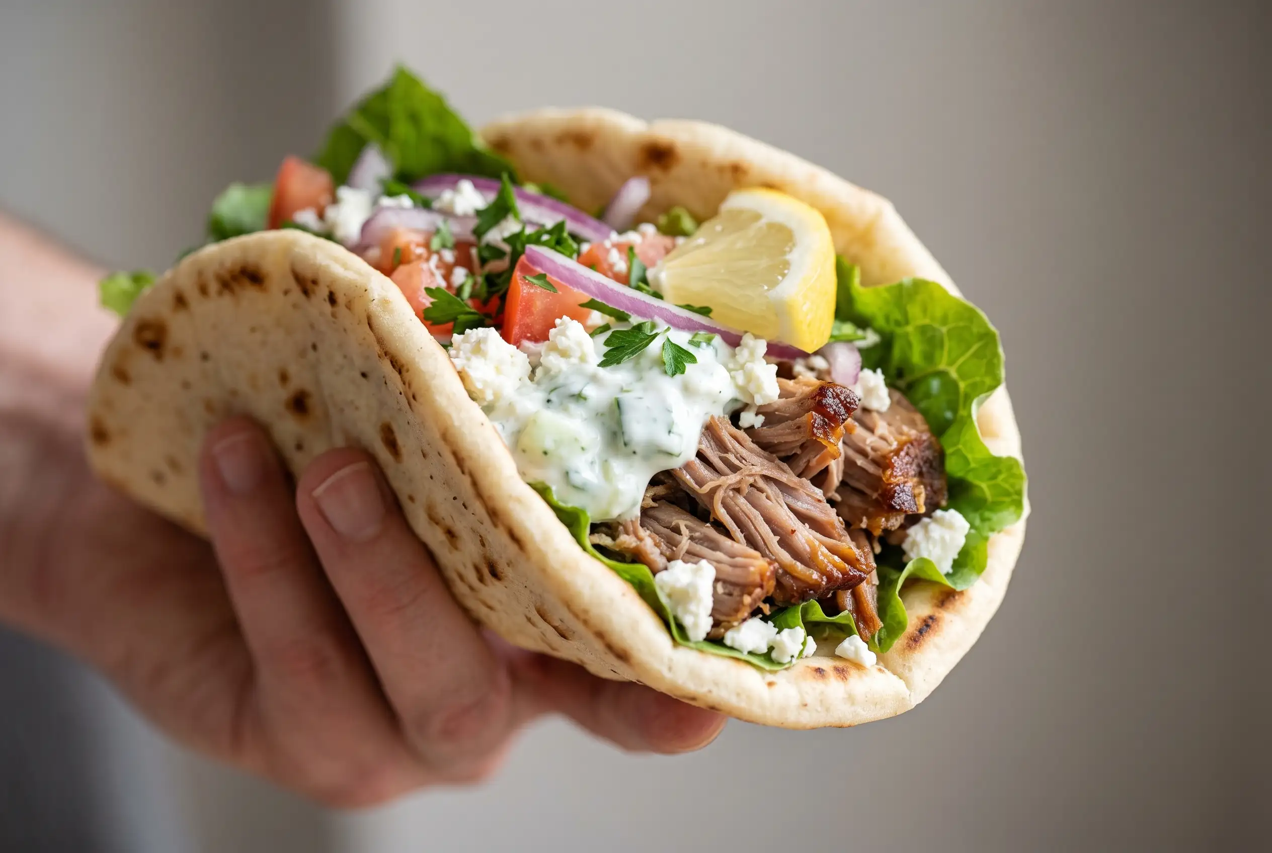 Greek pork pita with slow-cooked shredded pork, tzatziki, feta, and fresh vegetable toppings