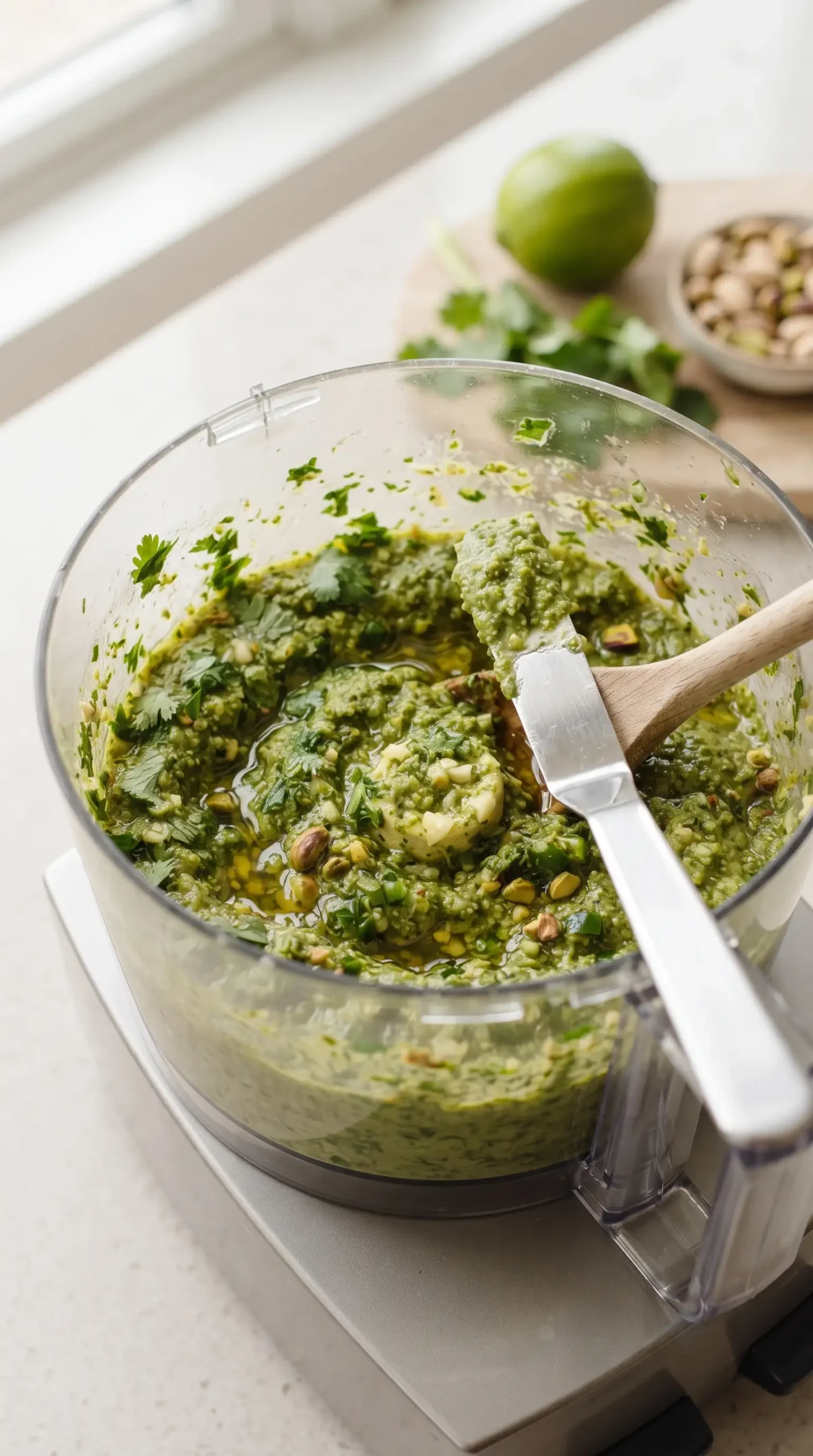 Blended herb sauce base with cilantro, parsley, garlic, jalapeño, and pistachios