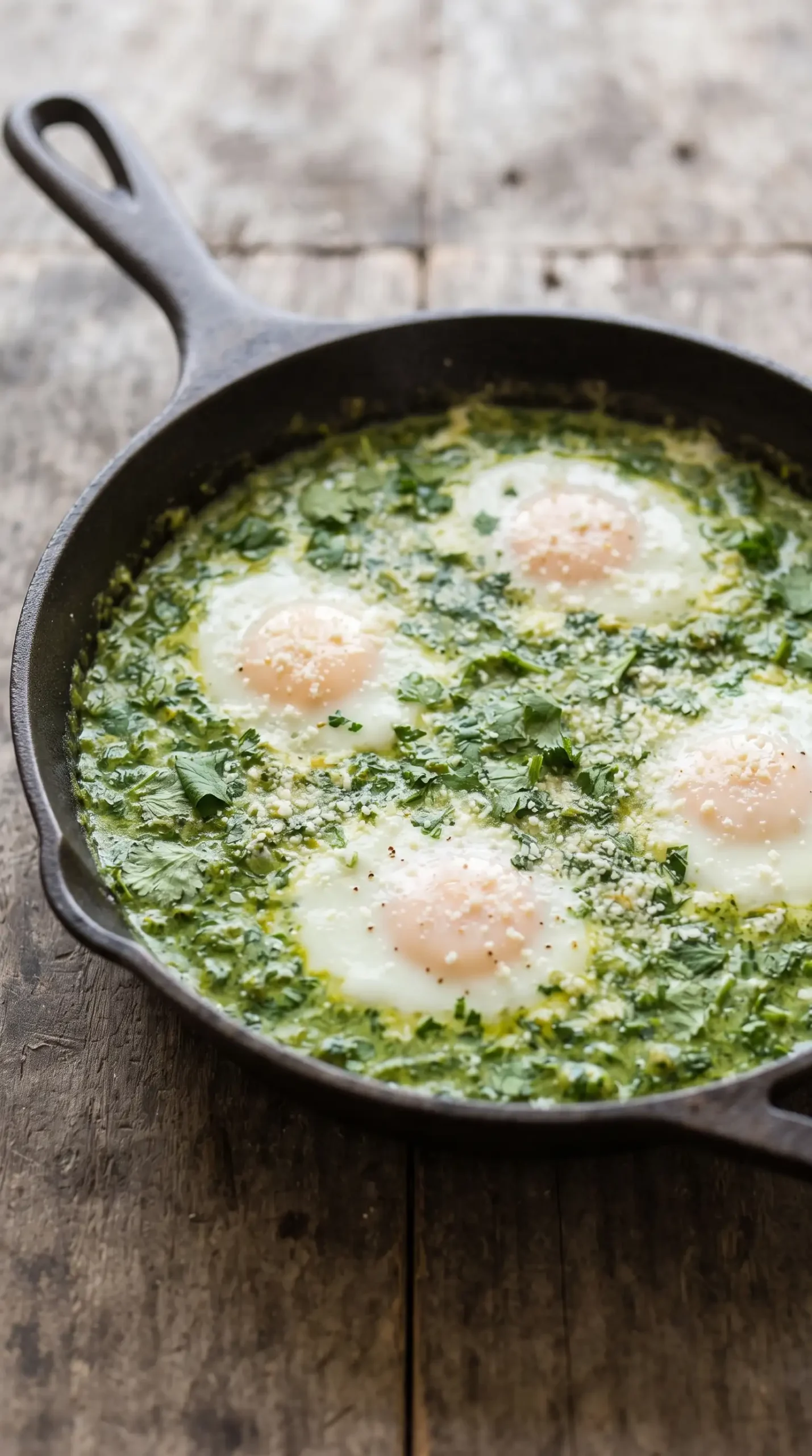 Eggs cooking in creamy green herb sauce with Cotija cheese in a skillet
