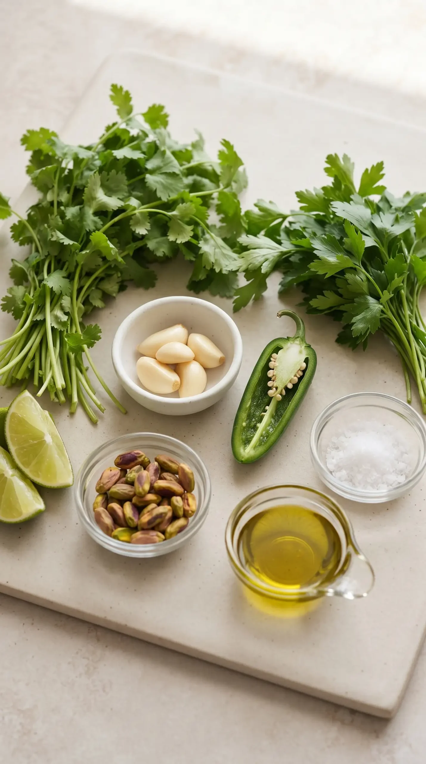 Fresh cilantro, parsley, garlic, jalapeño, pistachios, lime, and oil for green shakshuka sauce