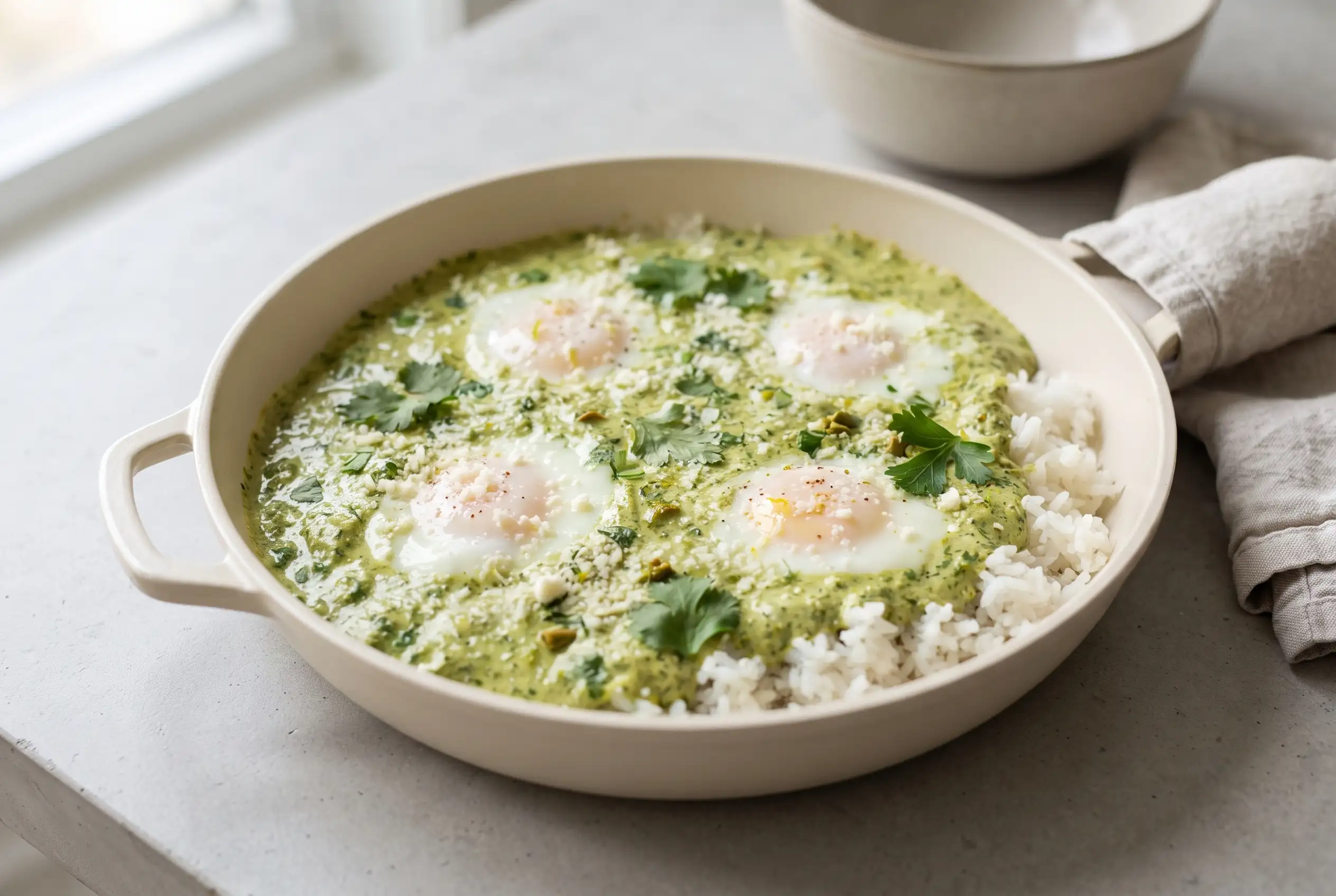 Green shakshuka with eggs in creamy green herb sauce served over white rice