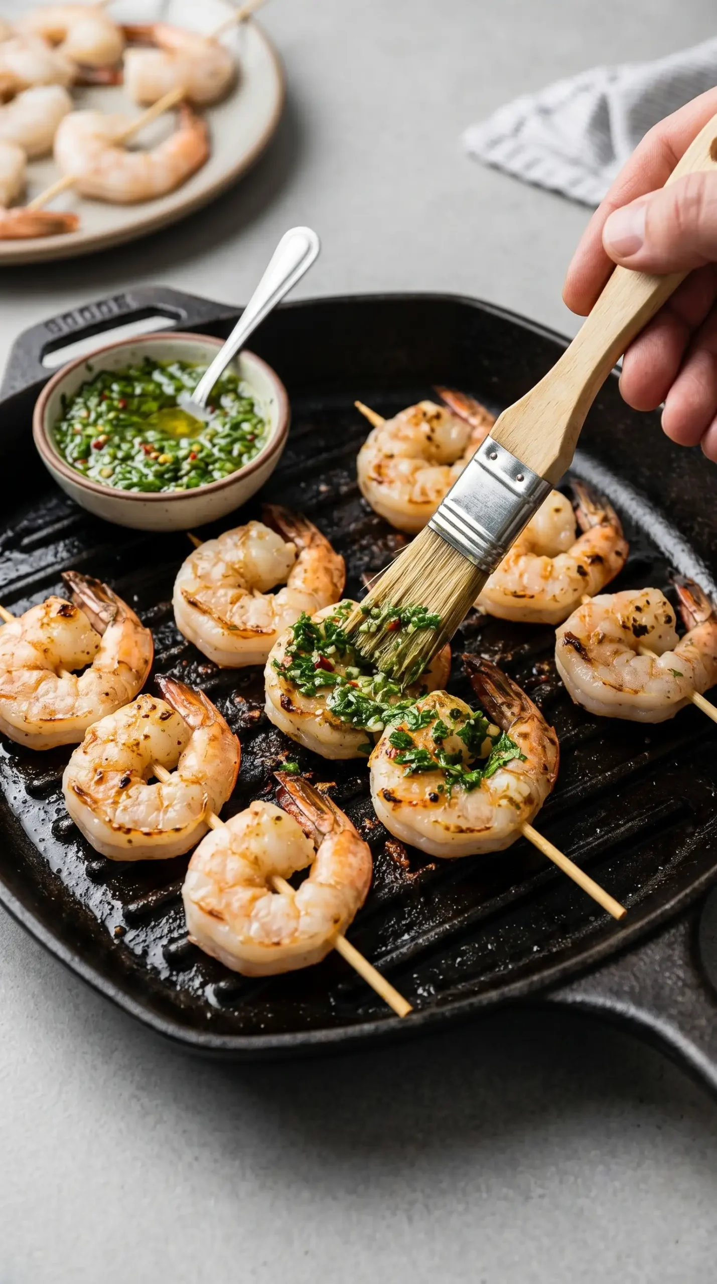 Chimichurri shrimp cooking on skewers over a grill pan