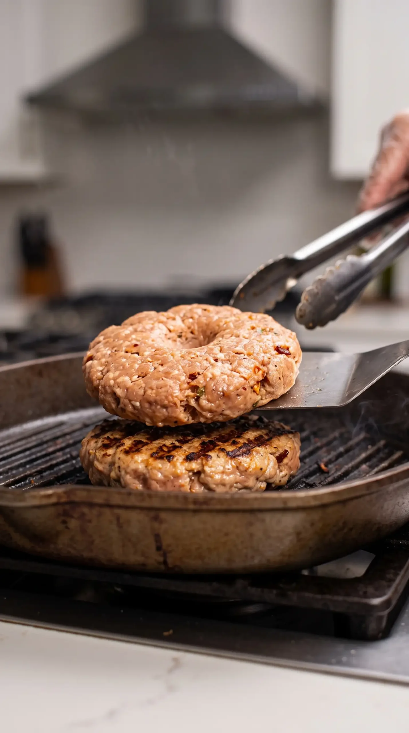 Grilled chipotle turkey burger patty cooking on a grill with developing grill marks