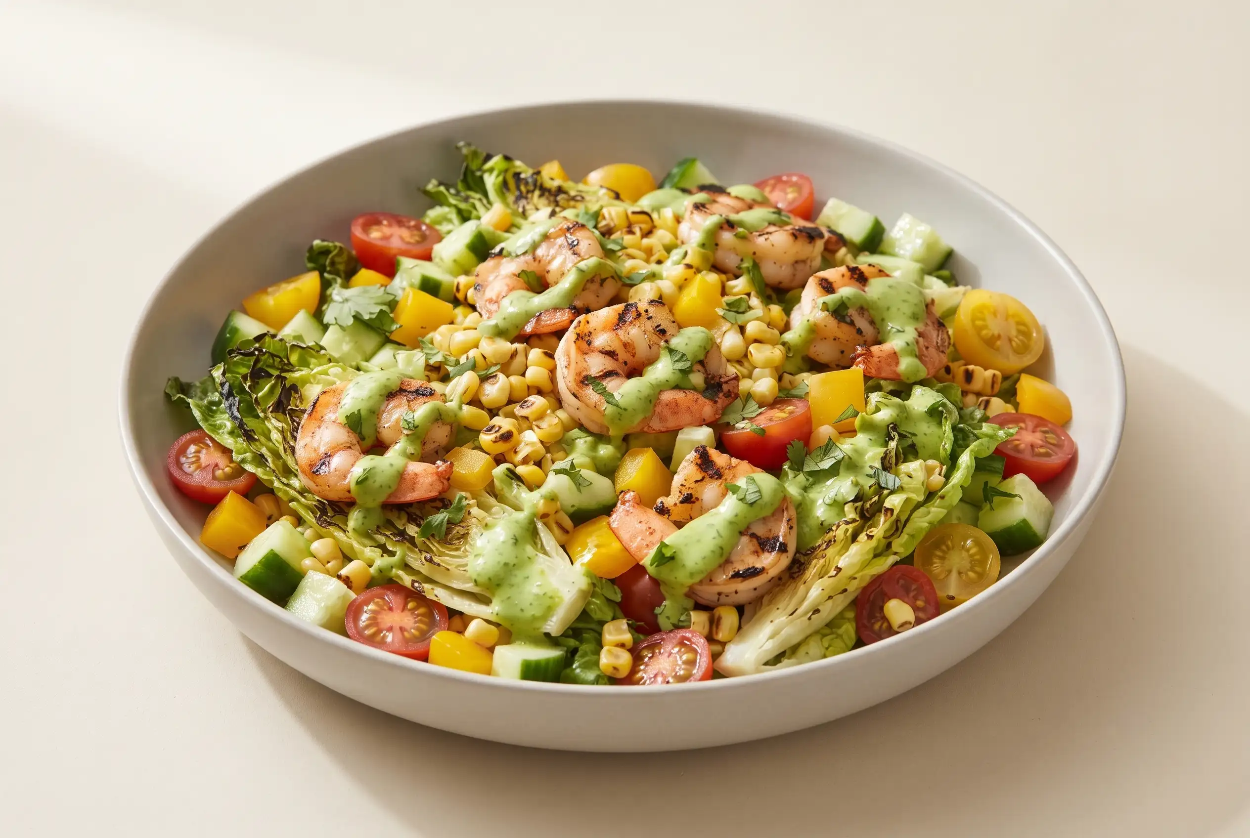 Grilled chopped salad with shrimp, charred romaine, corn, vegetables, and creamy avocado dressing