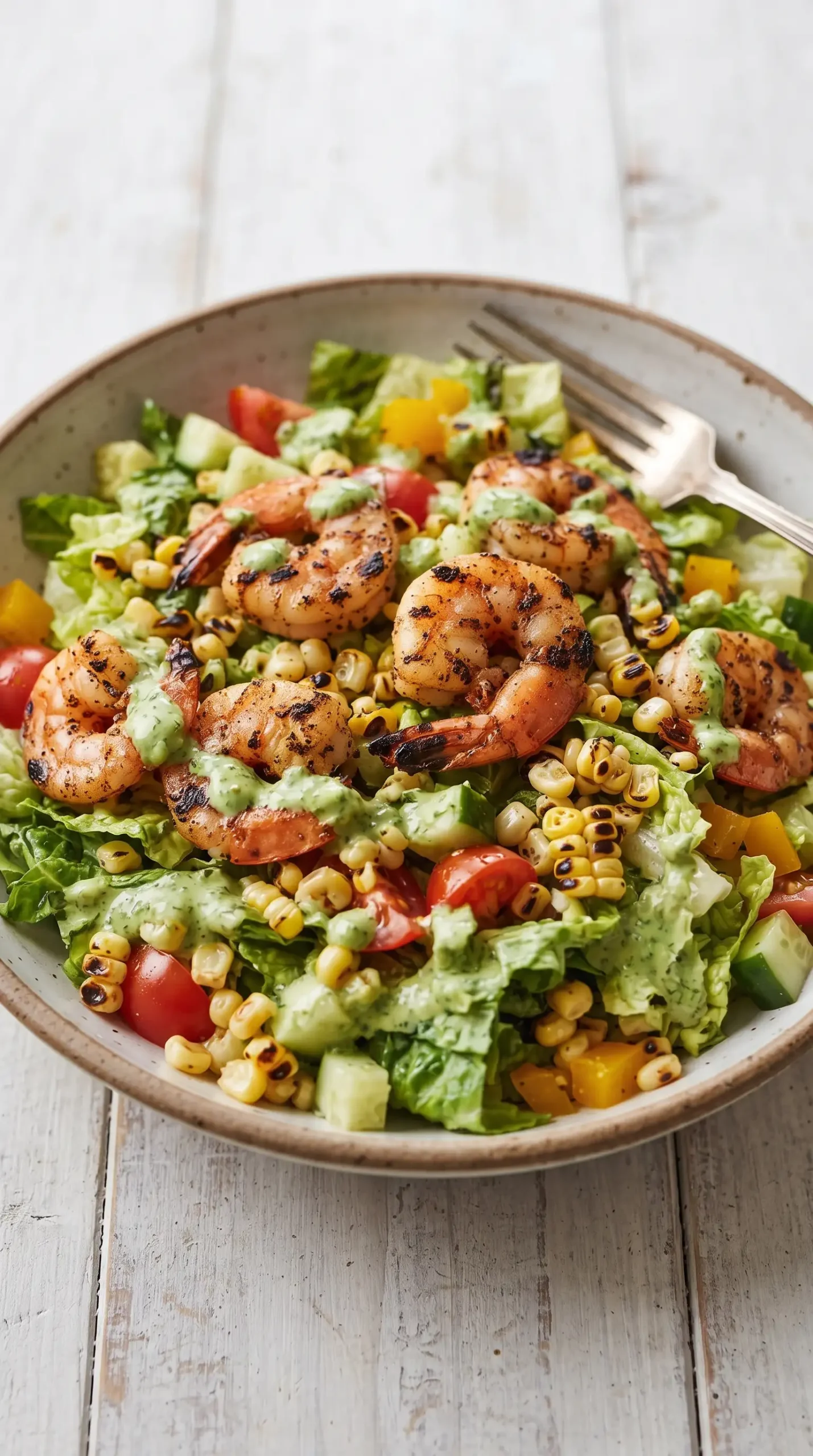 Grilled chopped salad with shrimp, charred corn, romaine, fresh vegetables, and avocado dressing