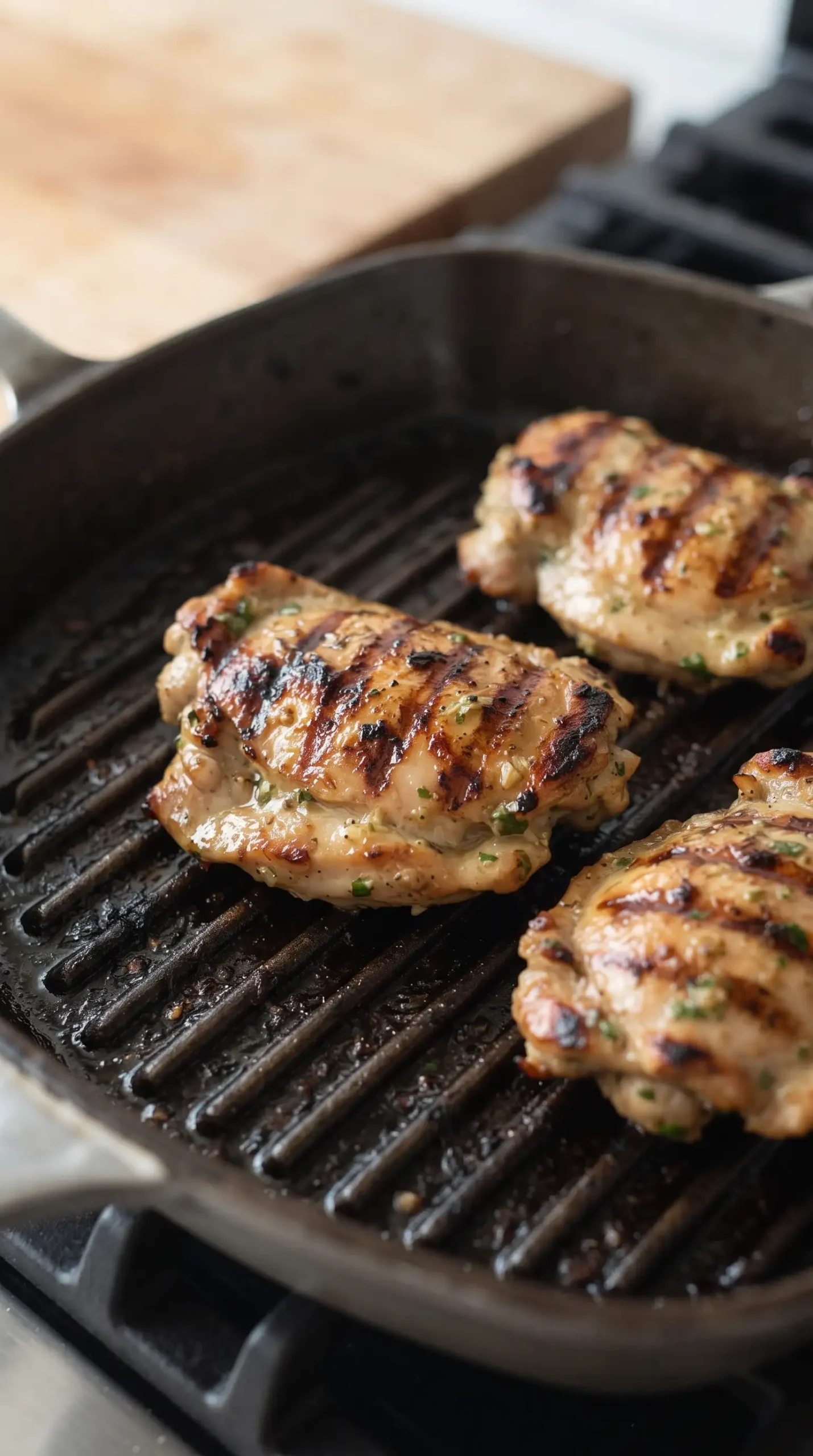 Marinated boneless chicken thighs grilling with browned edges and grill marks