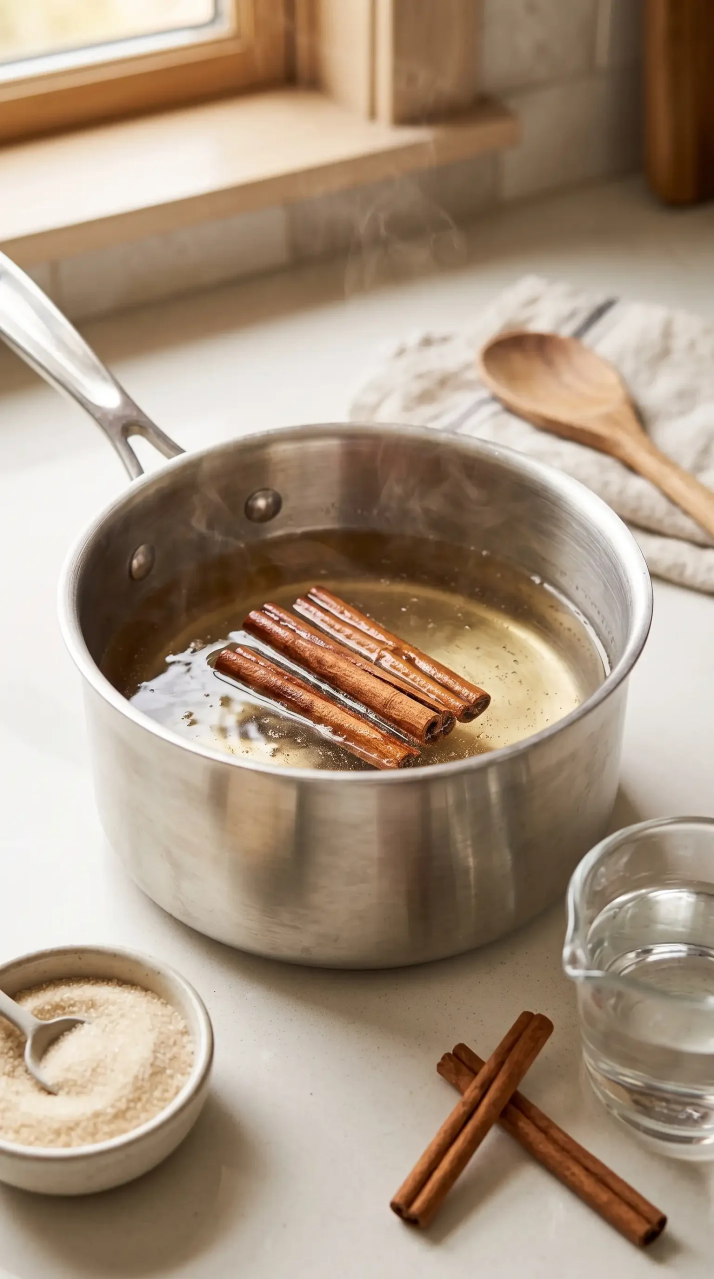 Cinnamon sticks simmering in homemade cinnamon simple syrup with sugar and water