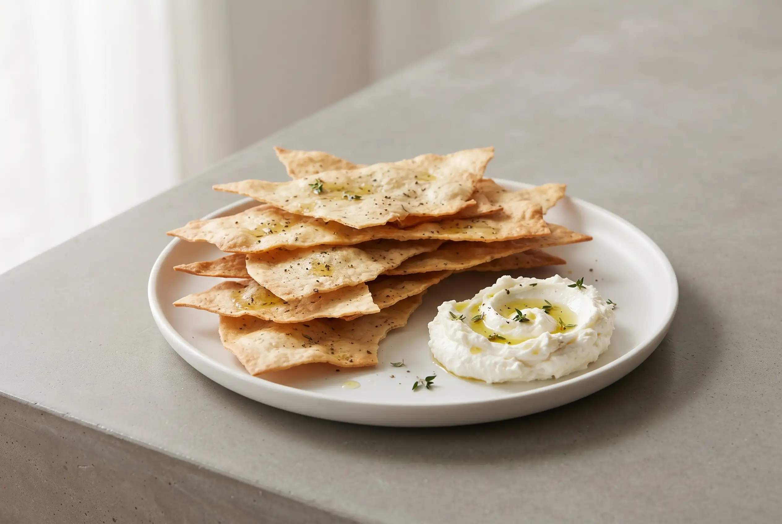 Homemade flatbread crackers with fresh herbs and olive oil served with a creamy cheese dip