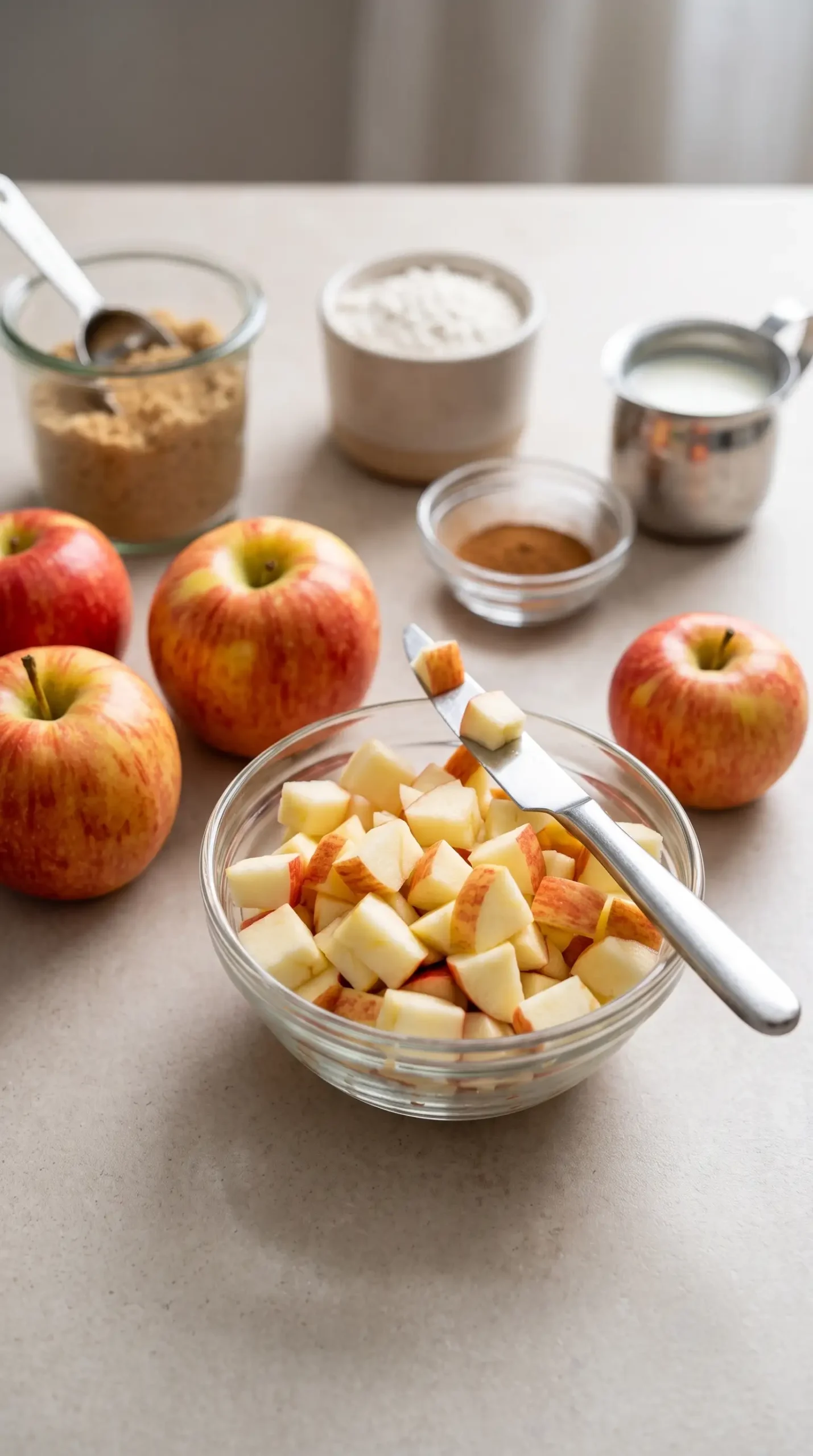 Chopped Honeycrisp apples with baking ingredients for cinnamon sugar apple cake