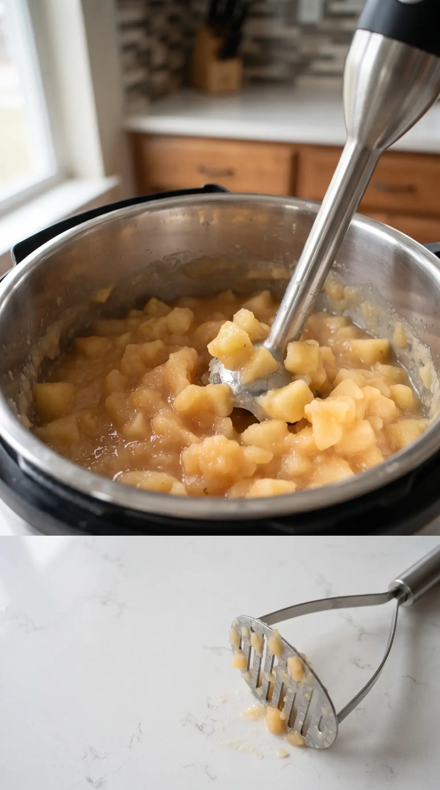Cooked apples being blended in an Instant Pot to adjust applesauce texture