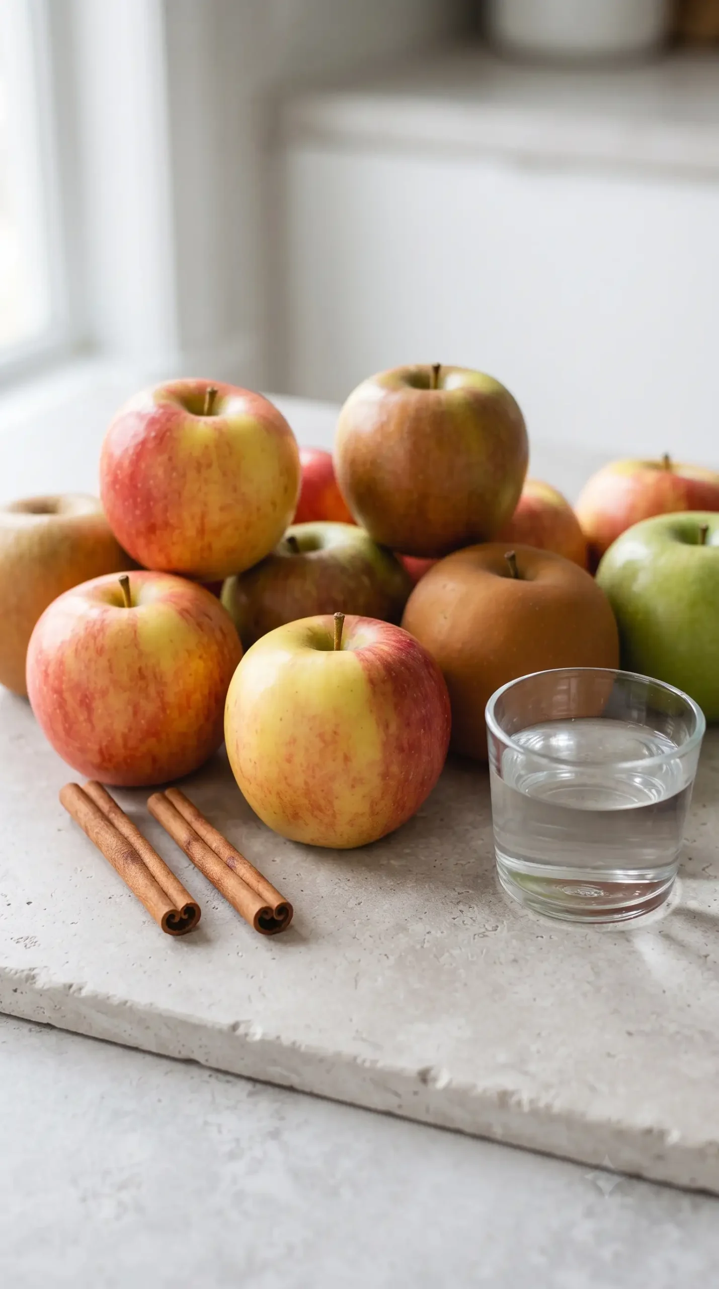 Fresh apples, cinnamon sticks, and water used to make homemade applesauce