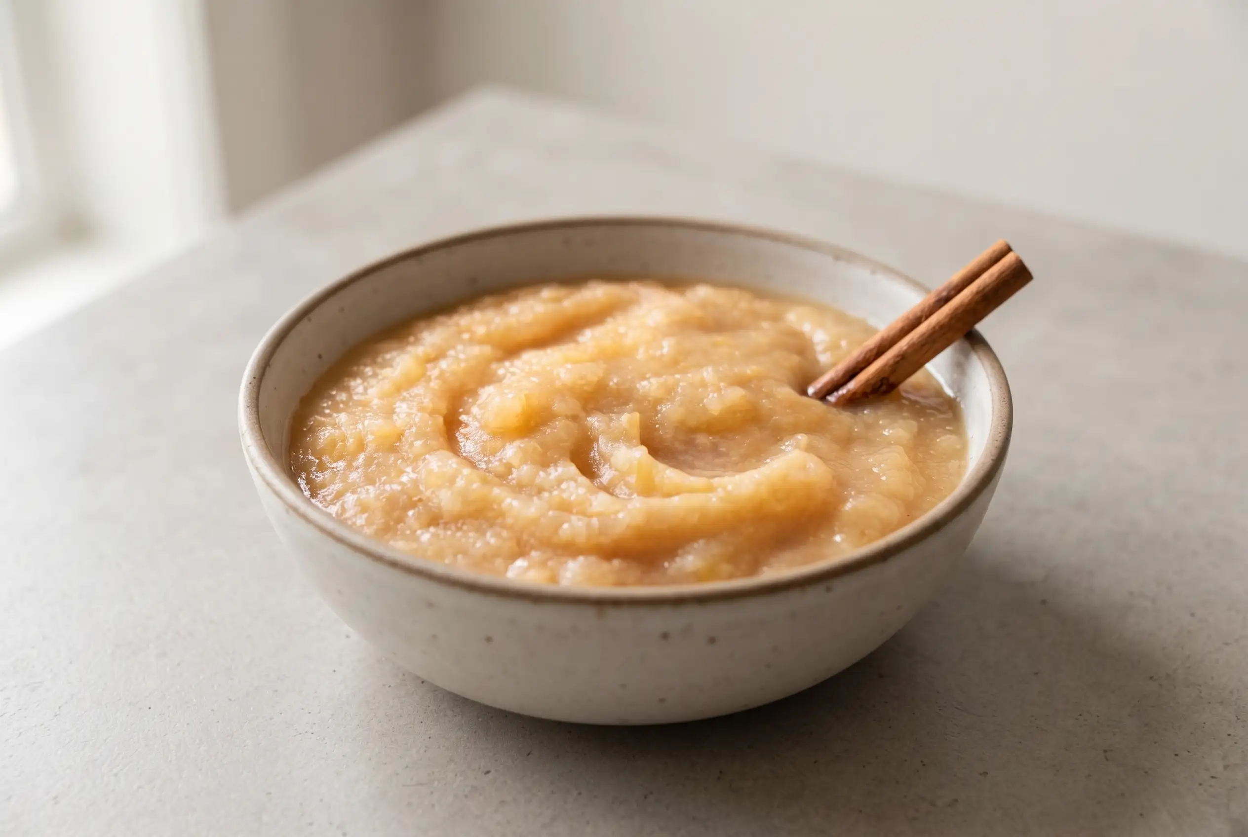 Bowl of homemade instant pot applesauce with a smooth rustic texture and cinnamon stick garnish