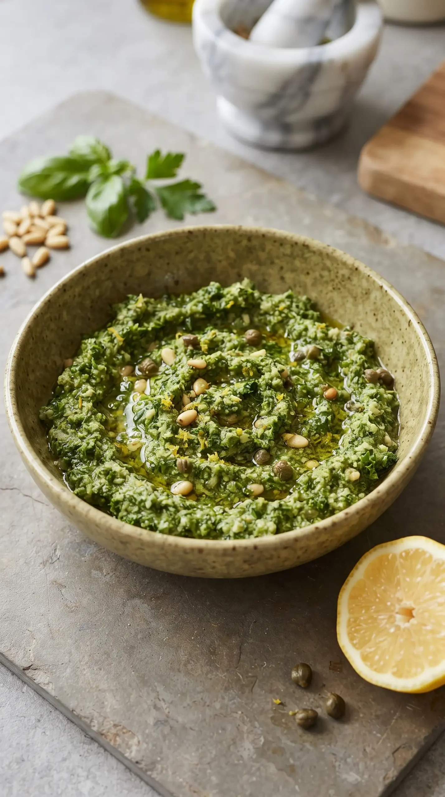 Rustic kale pesto sauce with herbs, pine nuts, lemon, and olive oil in a bowl