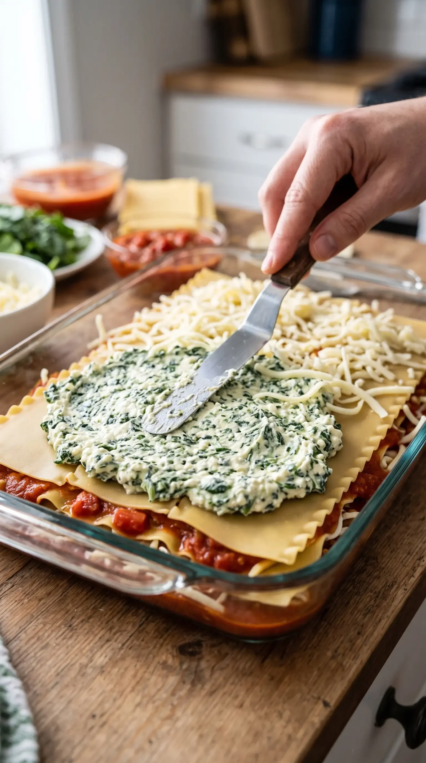 Lasagna florentine layers being assembled with noodles, tomato sauce, spinach filling, and mozzarella