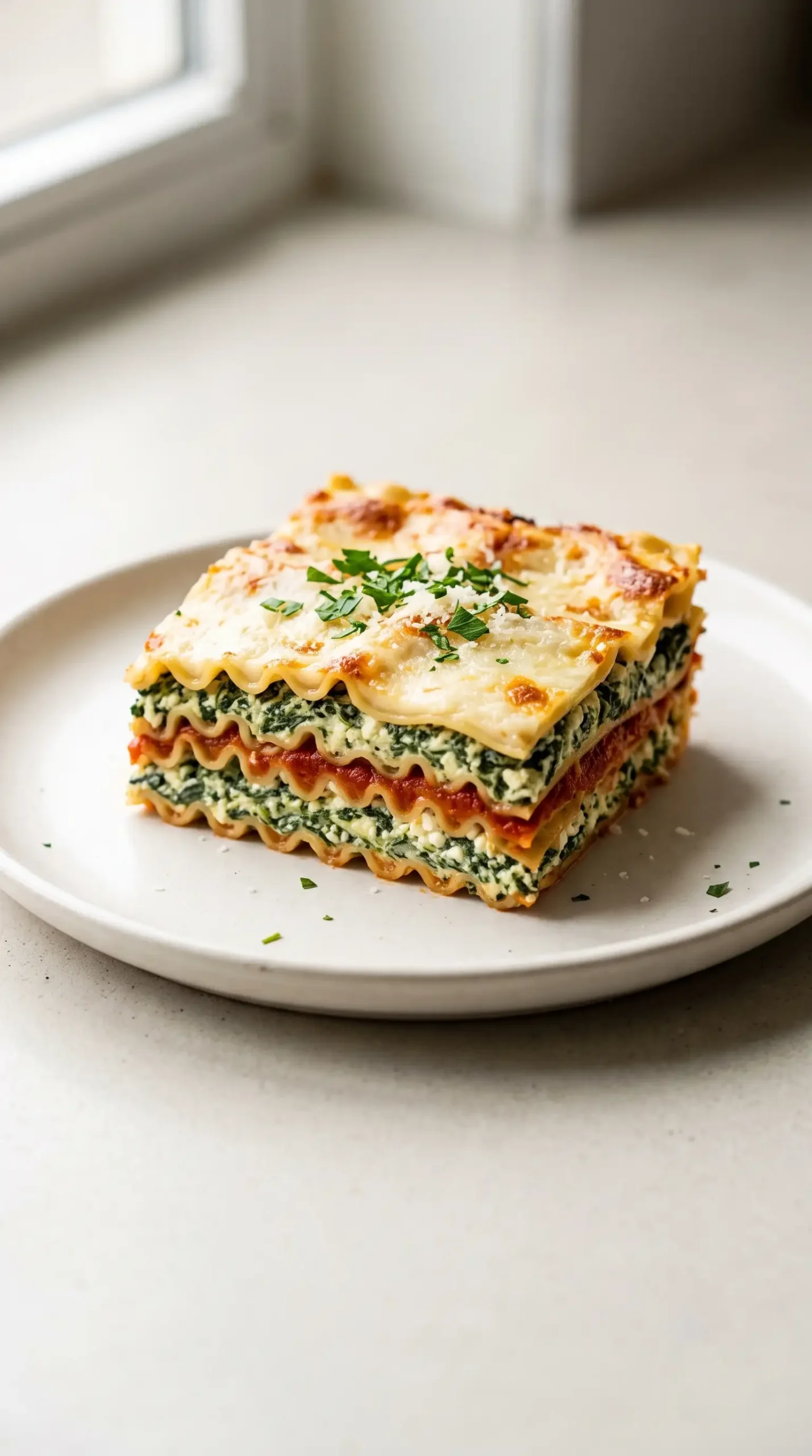 Lasagna florentine slice showing creamy spinach filling and tomato sauce layers