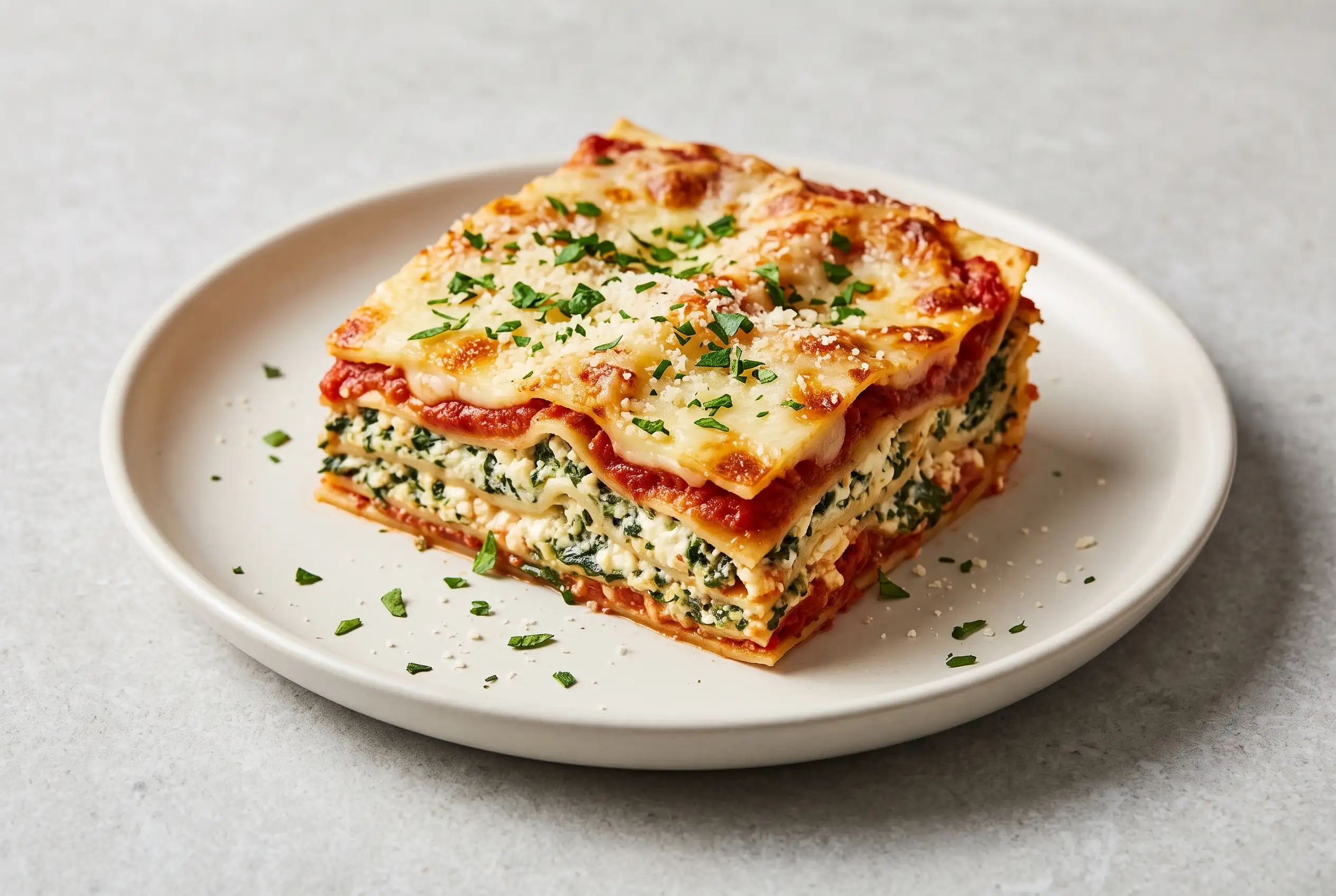 Lasagna florentine slice with creamy tomato spinach filling and melted mozzarella layers