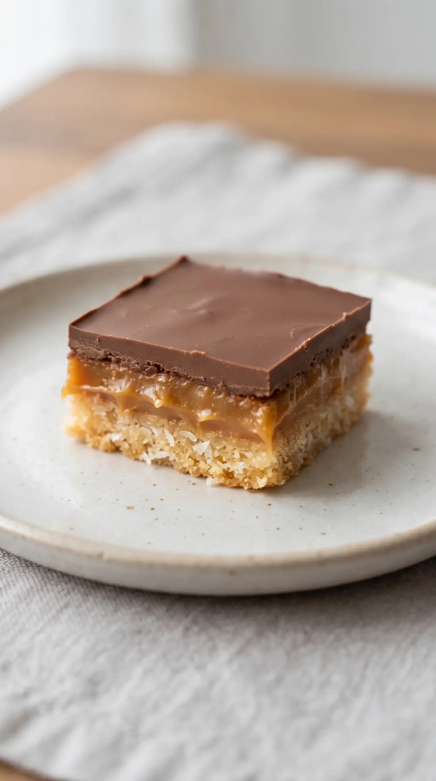 Layered dulce de leche bar showing coconut crust, caramel center, and chocolate topping