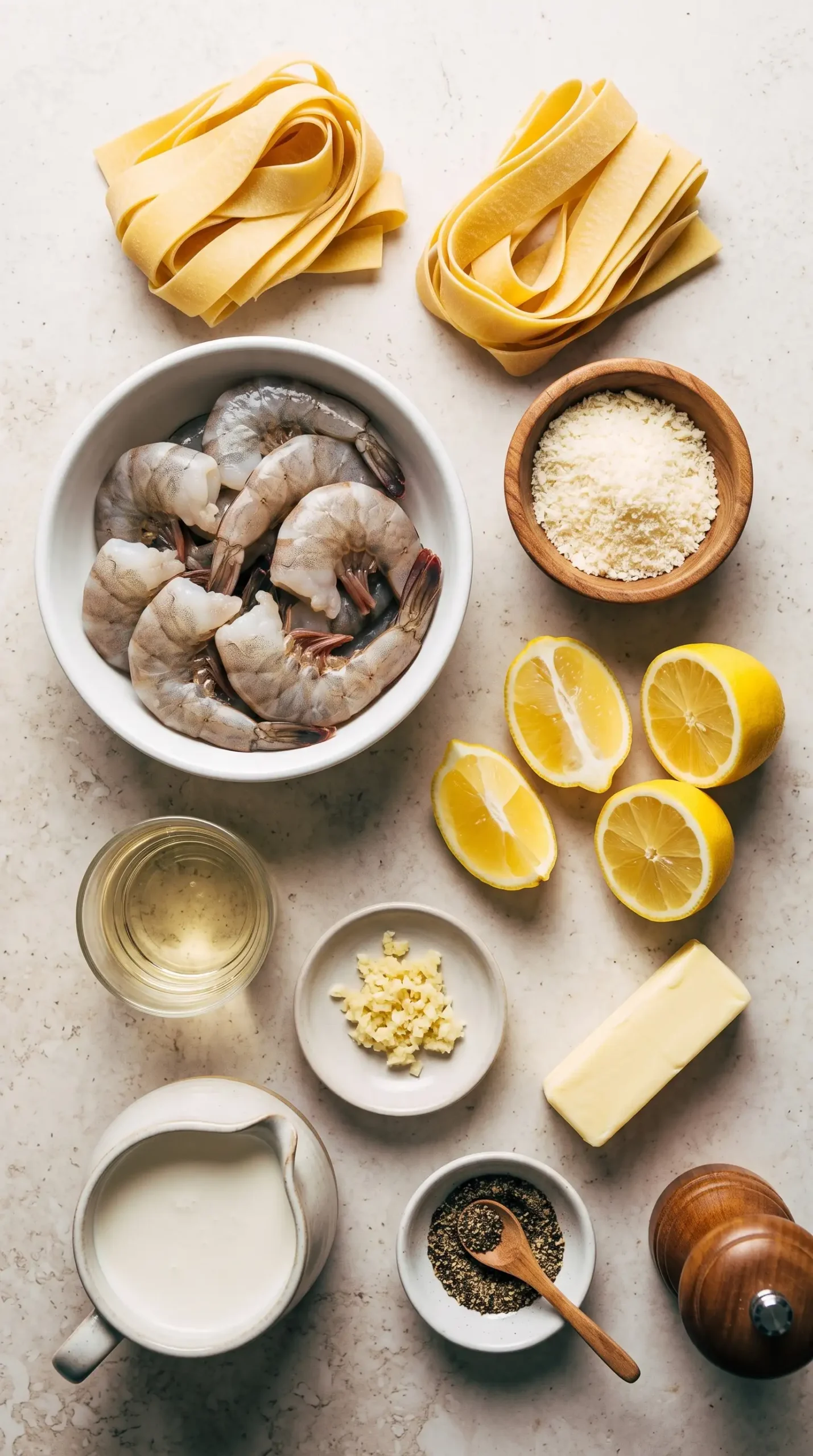 Ingredients for lemon shrimp pappardelle including shrimp, pasta, lemons, cream, and Parmesan