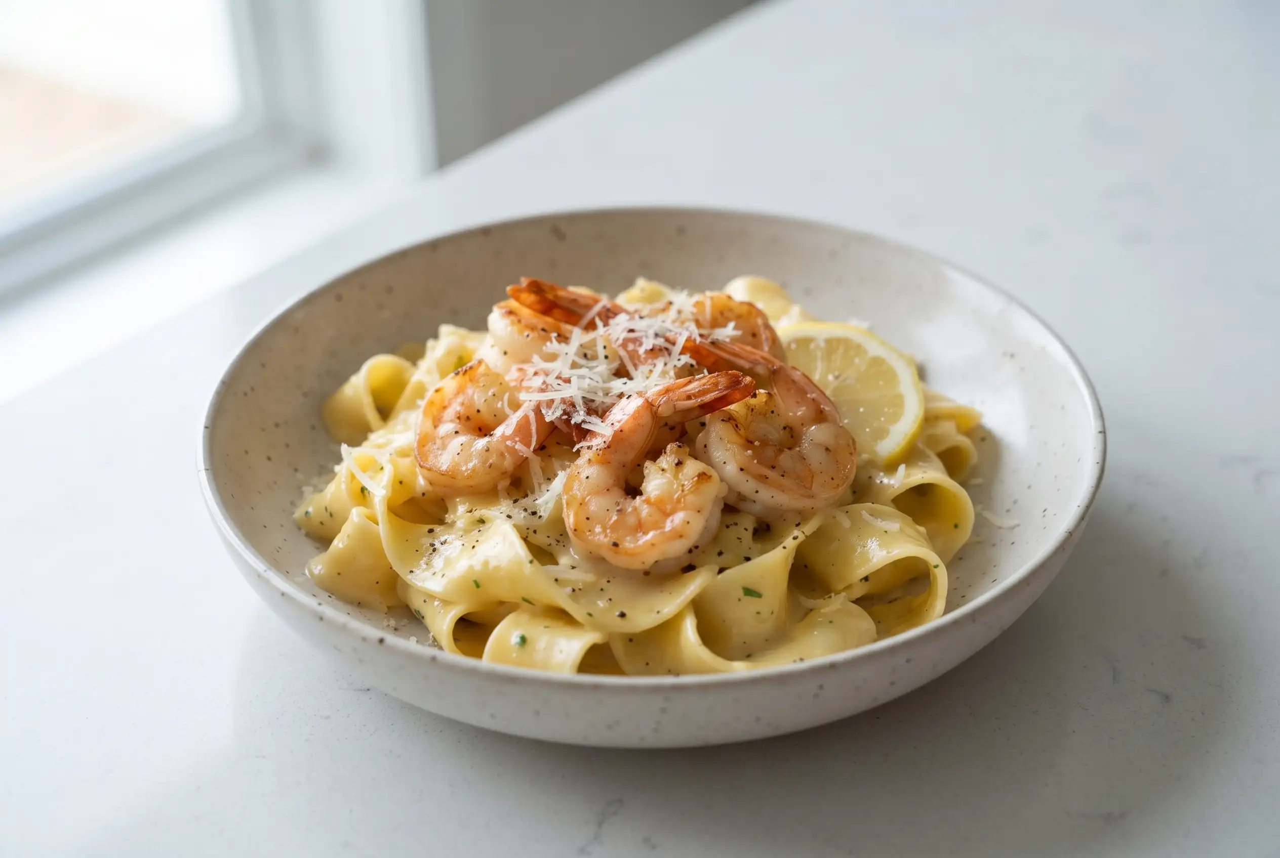 Lemon shrimp pasta with pappardelle ribbons in a creamy lemon sauce topped with shrimp