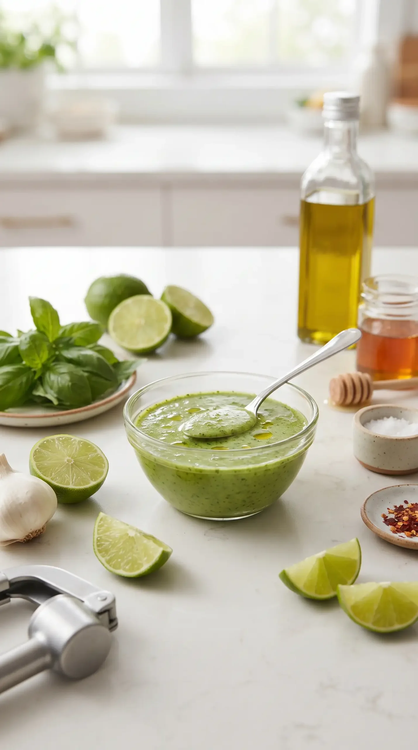Green lime basil vinaigrette with fresh basil, lime, garlic, and olive oil
