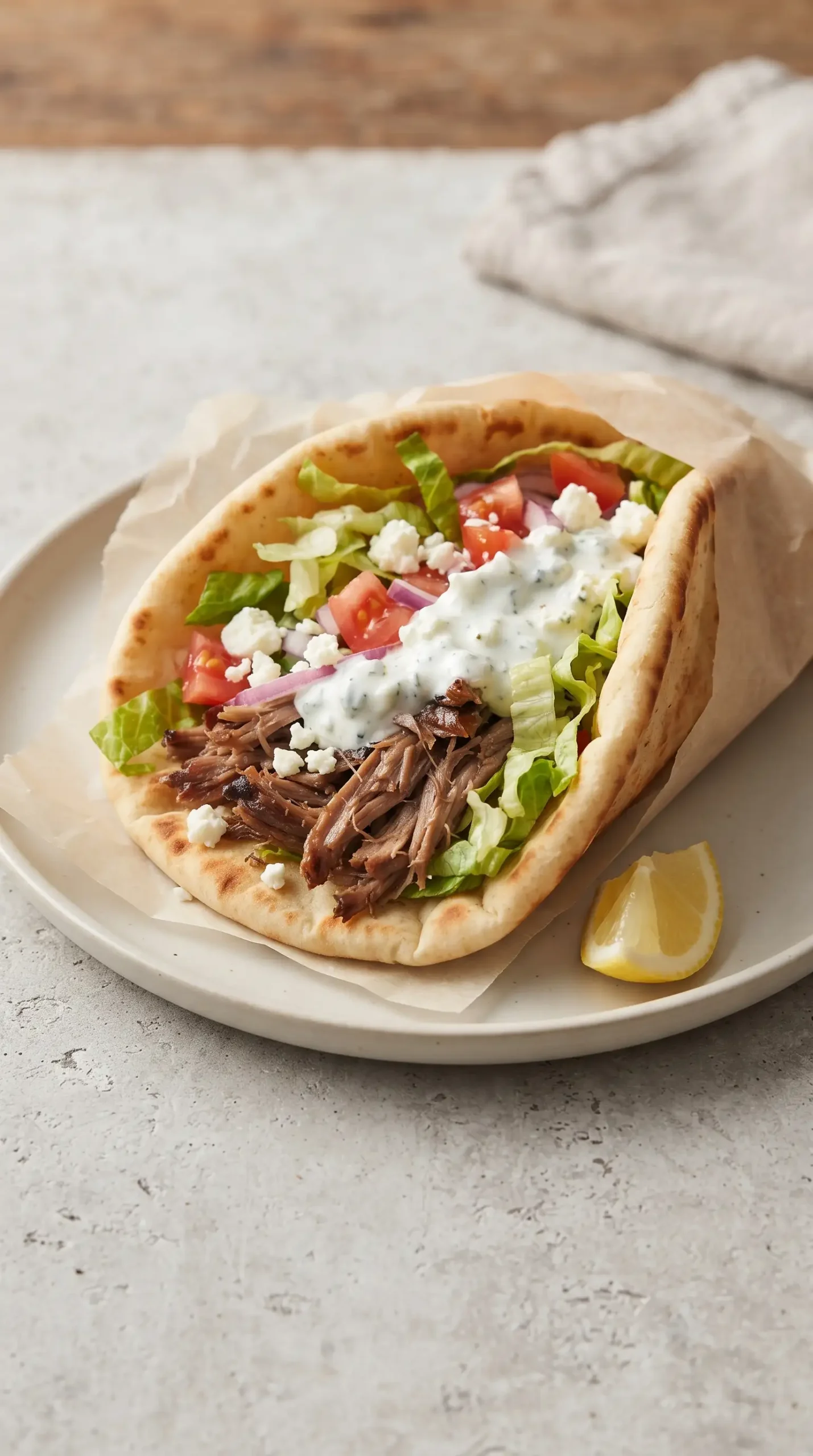 Finished Greek pork pita filled with shredded pork, tzatziki, feta, and fresh toppings