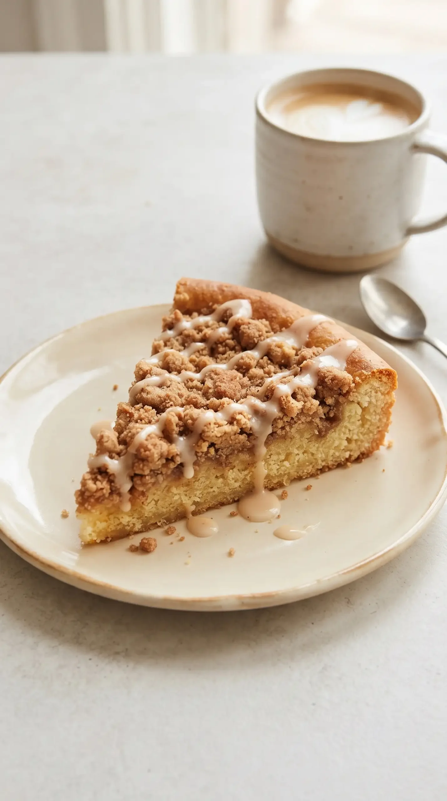 Warm cinnamon streusel dessert pizza wedges with maple glaze and milk