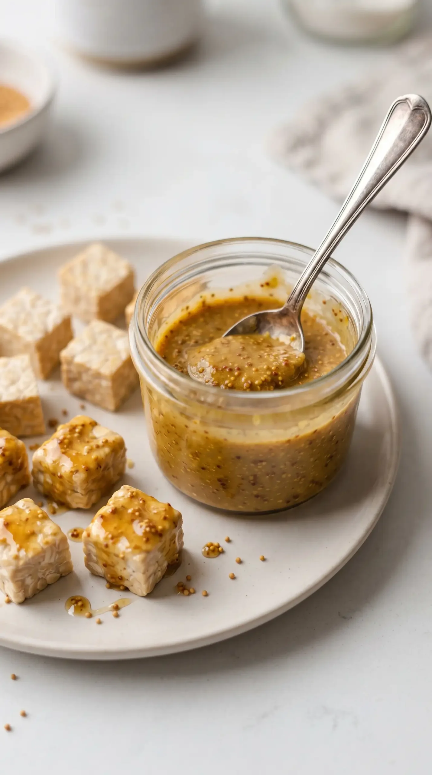 Maple mustard glaze with tempeh cubes ready for roasting