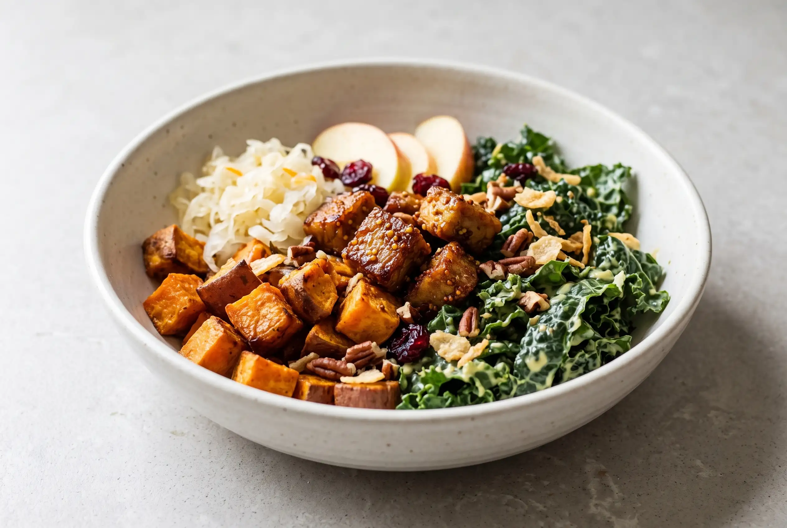Maple mustard tempeh bowl with roasted sweet potatoes, kale, avocado, and sauerkraut